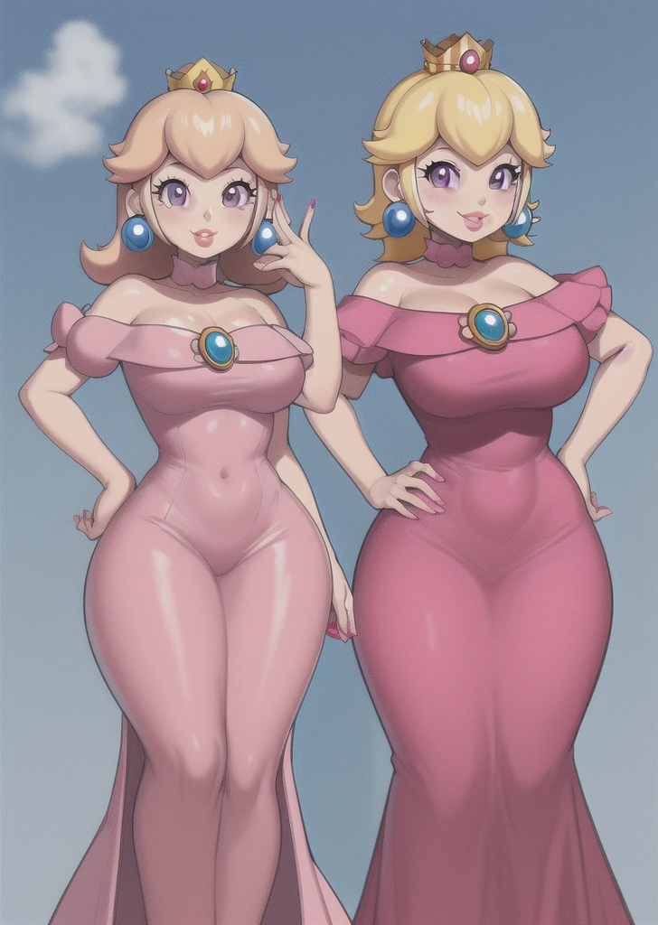 Two women standing side by side facing forward,(( Stand in line)),Full color images, ((Standing posture)),Hands on hips, (Princess Peach:2),(Princess Daisy:2),Favorite scene,Stuffy stuffiness,sweating,Super huge ,armpit showing pose,Sweat dripping, Sweat more,Chubby,tiara,Armpit hair is very dense,Sexy look,The whole body is projected,(Two women wearing long dresses:1.2),Two Girls
