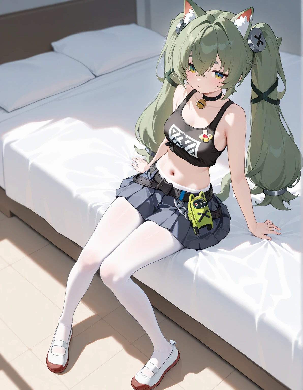 Natural Volumetric Lighting And Best Shadows, Deep Depth Of Field, Sharp Focus,1girl, solo, latina, light dark skin, green hair, straight hair, looking_at_viewer, blush, long_hair, parted bangs, green_hair, brown_eyes,detailed eyes, big_breasts, green_hair, side_slit, curly_hair, flipped_hair,team rocket,team rocket uniform, red letter R, white skirt,white crop top,black thigh-highs,black elbow gloves,