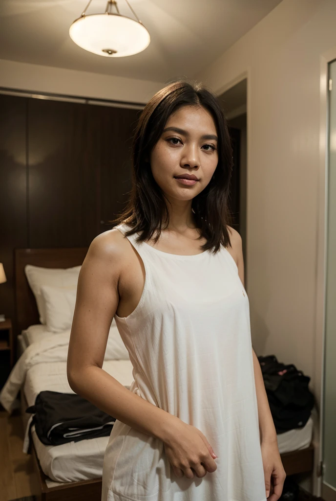 "Generate a photo-realistic image portraying a Hispanic-Filipina woman, aged 28, standing in a bedroom of a condo apartment in the Philippines. Her skin is dark tan, complementing her Hispanic-Latin-Filipina heritage. She has a slender,  figure and sports waist-length, thick hair and a flat nose. Her outfit consists of small shorts and a t-shirt. The setting is captured in the evening with twilight hues filtering through the living room window. The photograph should focus on capturing detailed emotions in her angry, furrowed brow, pouting face and the rich details of her hair, using a 2.8 aperture for a depth of field effect."

