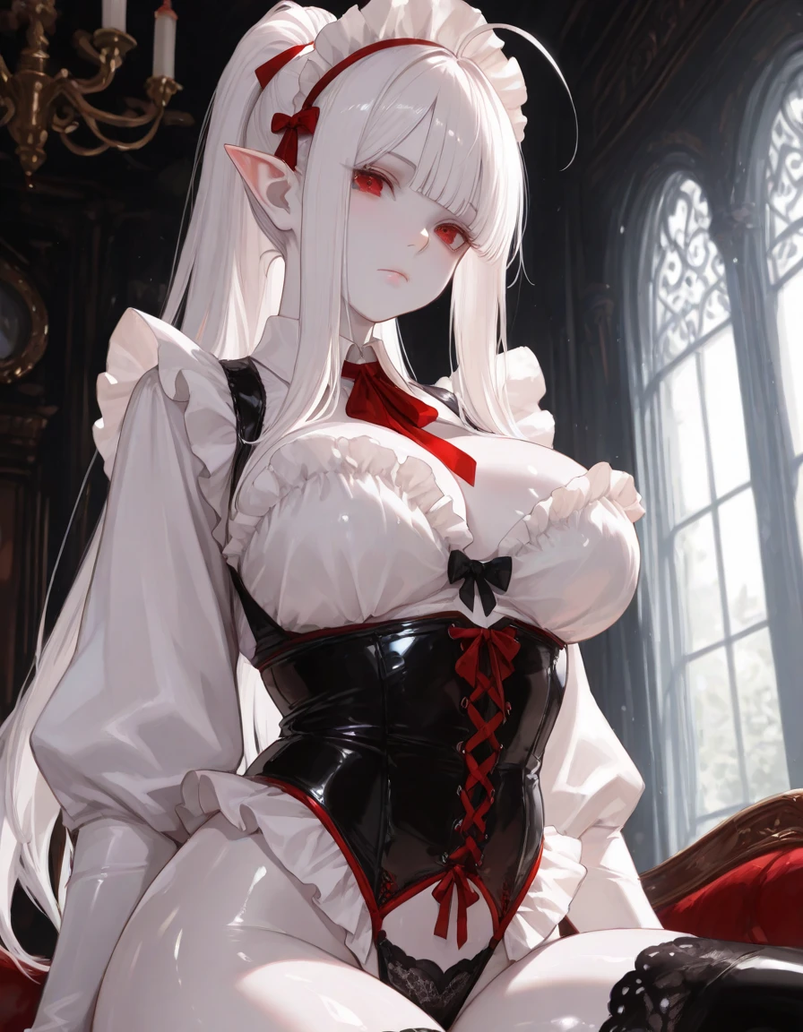 (((Alone))),(((Woman))),(((Big breasts))),(((White Rabbit Ear))),(((White hair))),(((Thin waist ))),(((Thick thighs))),(((Reddish pink eyes))),(((wearing sexy lingerie)))