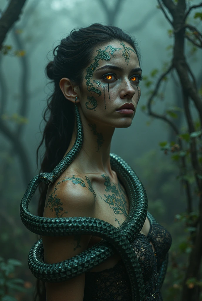 Masterpiece, raw photo, high quality, Monsoon, Golden Hour, A woman with long Emo Cut hair in the middle of the forest, leaves entwining around her body. The face is tattooed with natural ornaments. An imaginative fairytale image, colorful,,8k, 16k, uhd, sharp lines, (lots of details:1.2), extremely detailed, absurdres, intricate detailed, cinematic scene, best quality, high detailed, ultra sharp, photorealistic, award winning,