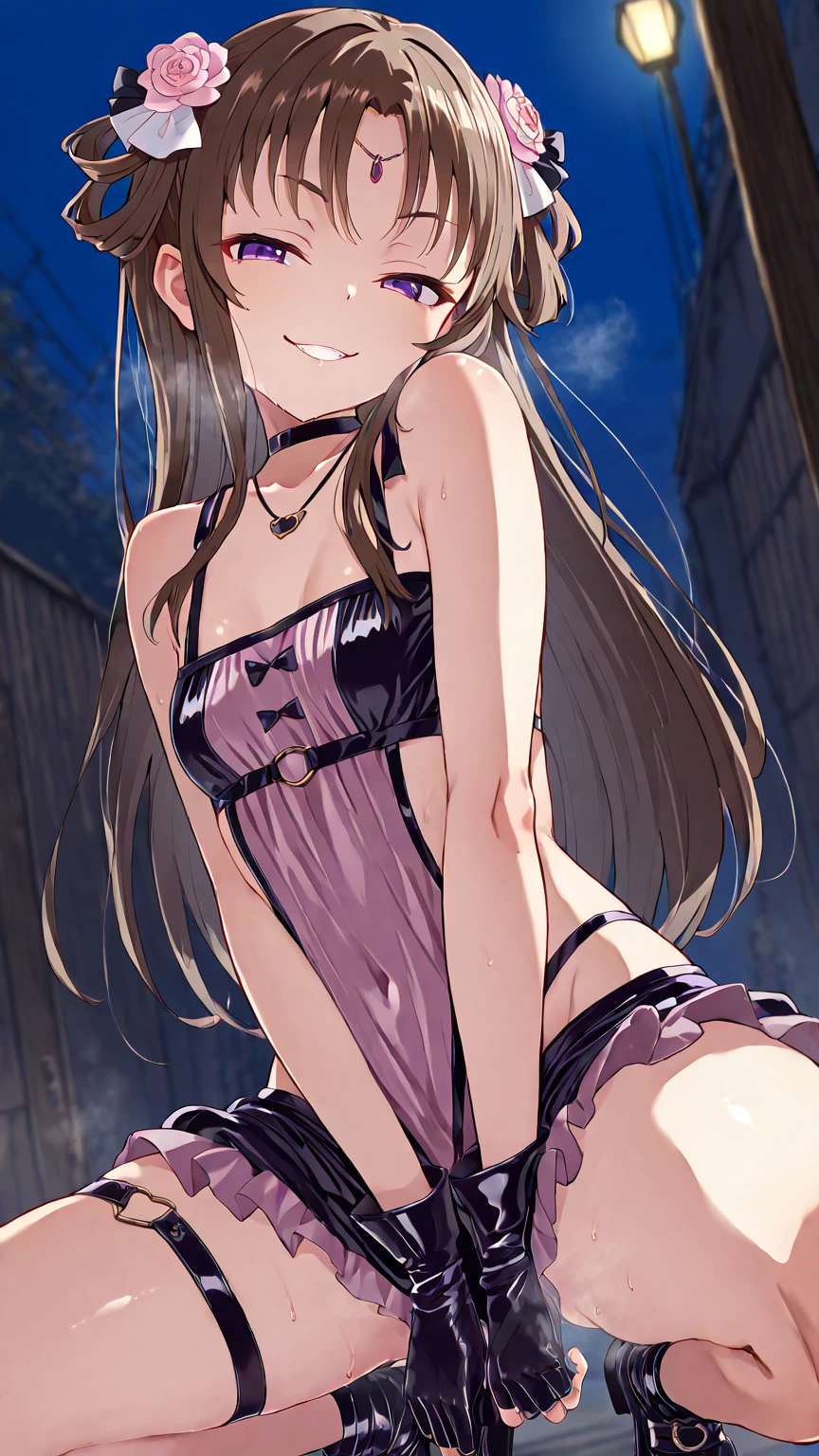 best quality, highly detailed,,solo,small breasts,tohsaka_rin,blue eyes,rough sketch,cute panties,kneeling,smile,
