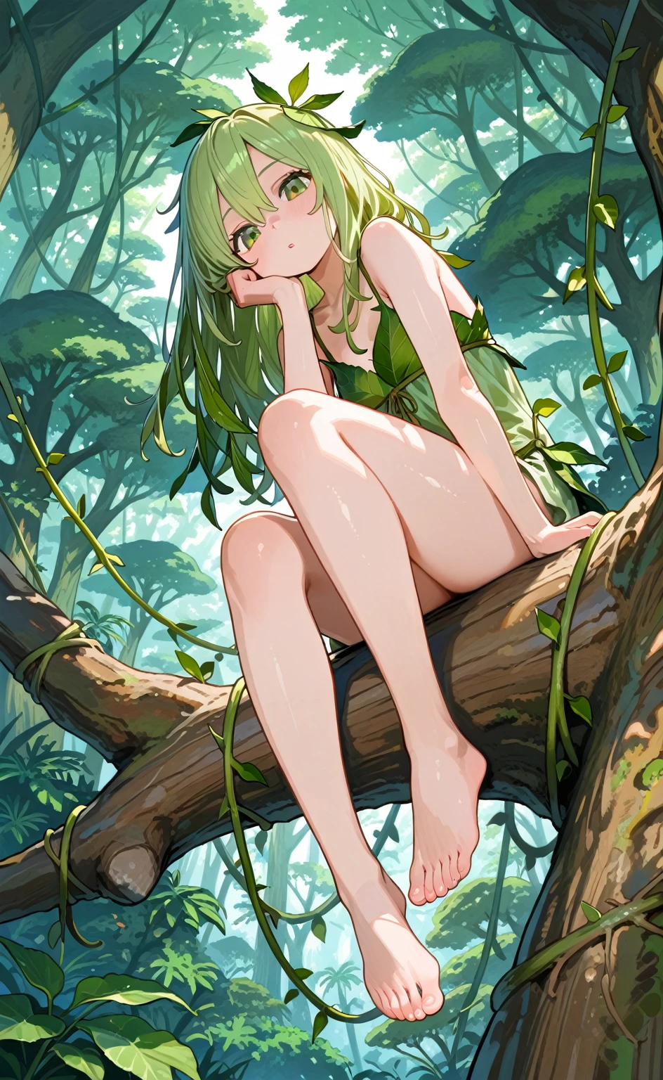 (depict girl surrounded by vines, long blond hair, straight hair), forest, small breasts, shy, (((bondage))), (((natural gag vines))), (bound with natural vines), (arms behind back), plants vines around chest), (Masterpiece, Excellent, complex details),  delicate girl, delicate face