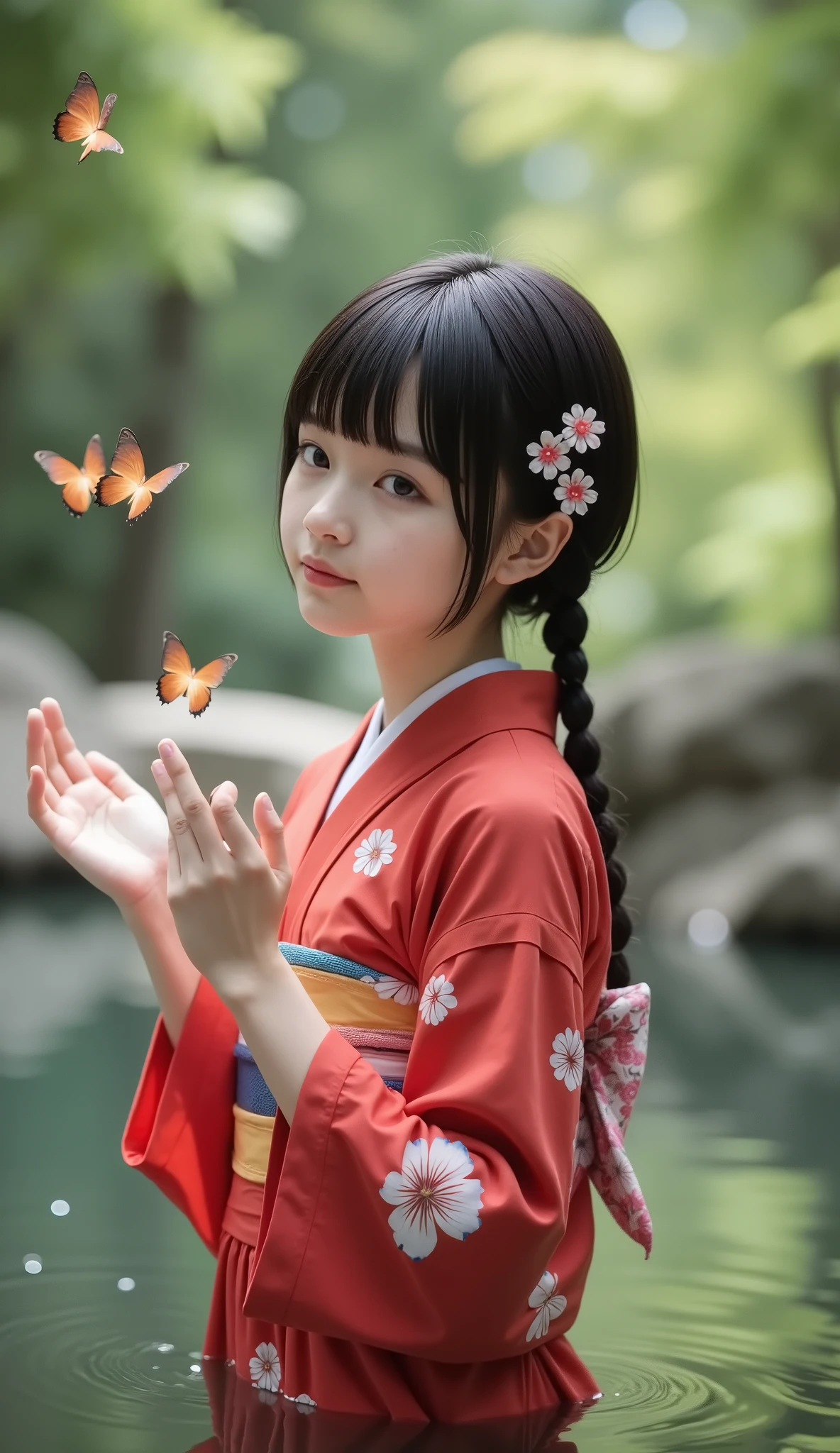 (8k), (best quality), RAW photo, (photo realistic:1.4), very detailed, Very Cute Japanese Girls,(very thin), (Profile of a very short high school girl), ((braids)) , Flower Hair Ornament, looking at viewer, ((are in a deep pond wearing a red kimono with a beautiful floral pattern)), ((lots of glowing butterflies々with its hands extended upward)), In the woods,The surface of the water is as beautiful as a mirror, soft pastel lighting
