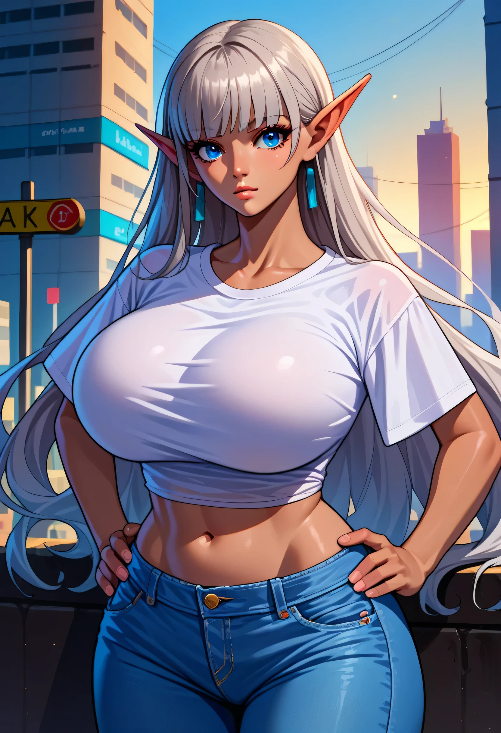 score_9, score_8_up, score_7_up, score_6_up, Source_anime, 1girl, solo, Eleanor, for brown-skinned women, gray hair, Very long hair, blunt bang, pointed ears, Blue Eyes, earrings, huge breasts, pink t-shirt, Jeans, midriff, curved, stares at you, place hands on hips, City