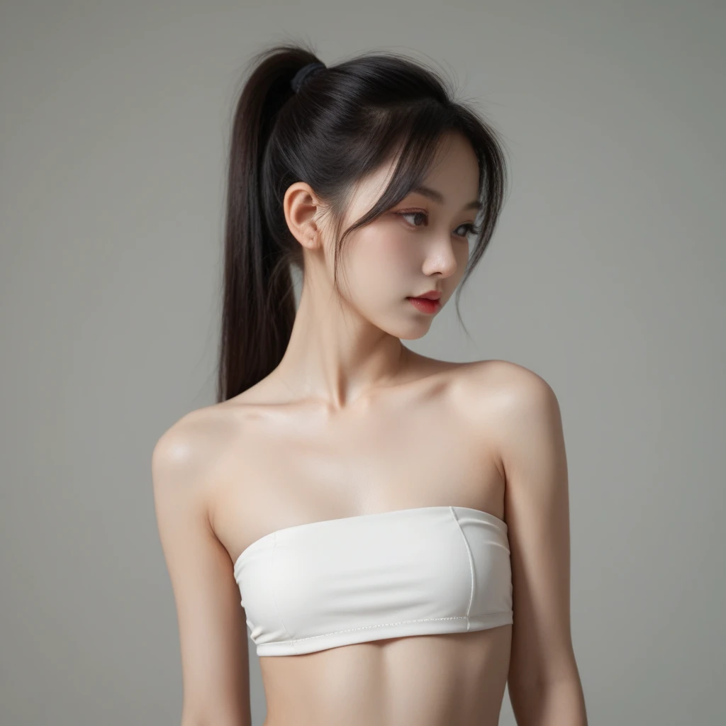 vivid,long brim white hat,Larger breasts,((between legs)),cute,(Detailed face),cloth,Sharp Eyes,Turtleneck sleeveless sporty lightweight(White plastic)Clothes,Ultra-high resolution,(Photorealistic:1.7),Black long hair,Gray background,