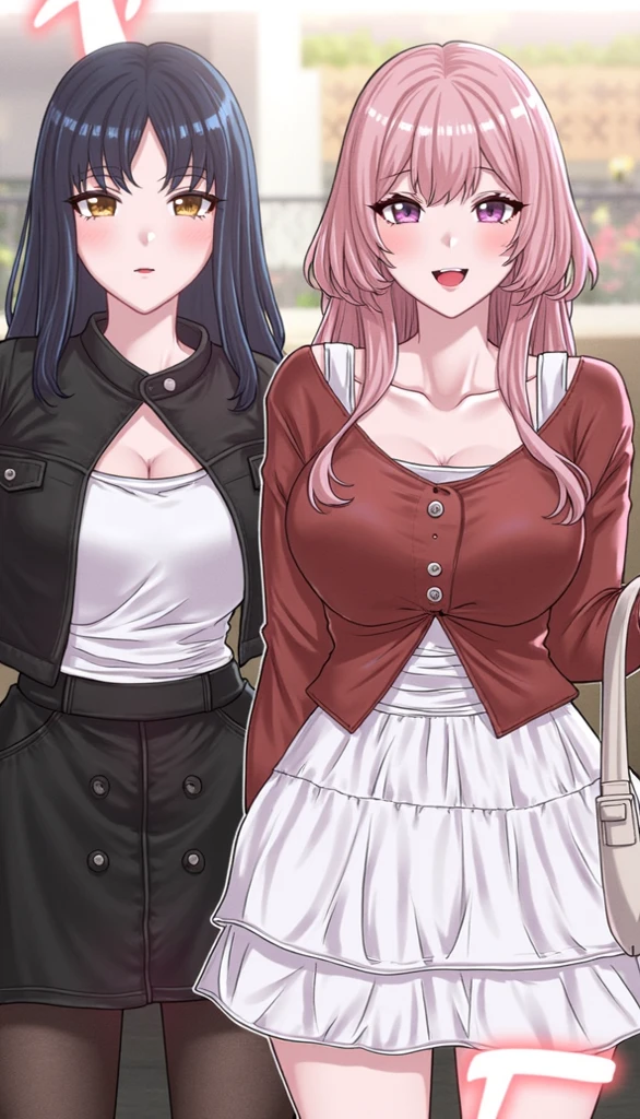 highest quality、High resolution、detailed background、(realistic:1.2)、Beautiful and dense face、beautiful and smooth skin、skin texture、cute10代の美少女、(two women:1.5)、(huge breasts:1.4)、perfect body line、Well-defined body、emphasize cleavage、legs open、cute編込みツインテール、black and pink flower embroidery panties、No bra、On an amusement park date, She happily lifts up her skirt and reveals her panties.、 ((highly exposed))、(light pink virgin killer sweater:1.5)、white overknee socks、Accessories such as flower hairpins and ribbons、cute、blush、One thing no matter what'~ side、panty shot、camel toe