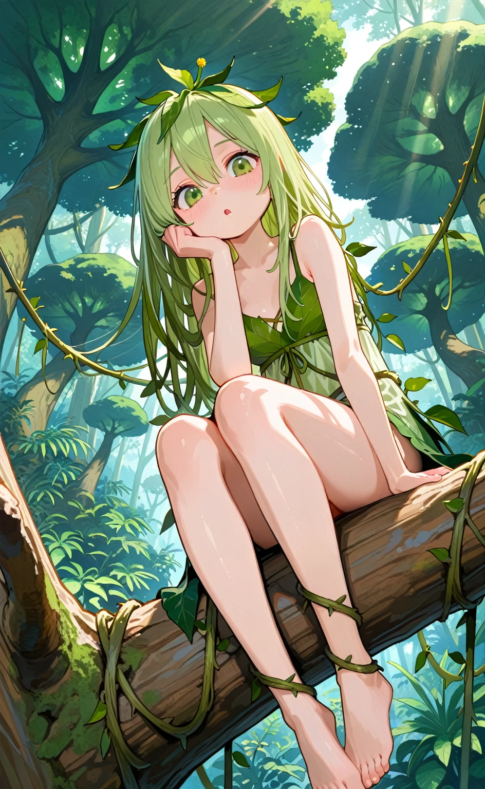 (((close up foot))), A little fairy girl is playing a prank, 、((sit cross-legged on a tree branch))、sexy, (I look up at the girls from the ground.)、(The girls who surrounded me and hugged me)、((seductive evil grin)), (Pixie)、(Butterfly on the back々Feathered)、Very little fairy、((Little fairy))、low length、(thin)、((5 years old girl))、(Transparent fair skin), (((child girl)))、Wavy、(Green Hair)、ponytail、Red scrunchie、((Forehead))、Big eyes、Grey Eyes, (Micro Bikini), ((Angle from below:1.8)), navel、(A transparent cloth is wrapped around the waist.)、(Thighs), crotch、foot, ((At the Forest Springs)), (Angle from the bottom of the girl), (In the woods)、((Sitting on a tree branch))、((Sitting cross-legged))、Fluid dripping from the toes、