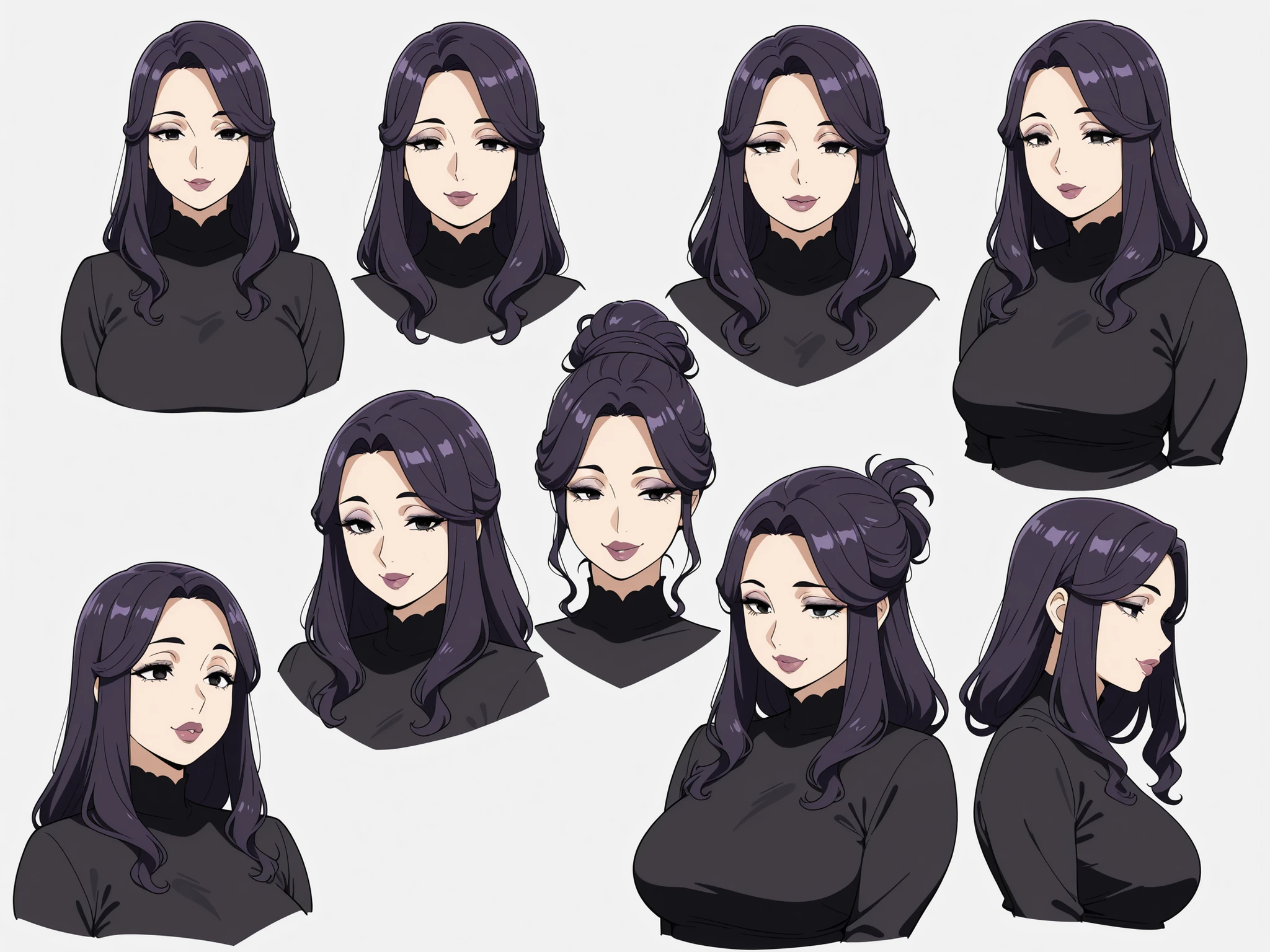 masterpiece, best quality, character design sheet, clean lineart, ((mature goth woman)), thick lips:0.7, loose hairstyle, long hair, plump curvy figure, hazel eyes, sultry, seductive, milf, long lashes, makeup:0.7, eye smile, condescending, aroused look, dark purple hair, clean professional layout, animation-ready style, white background, organized layout, deep-set eyes