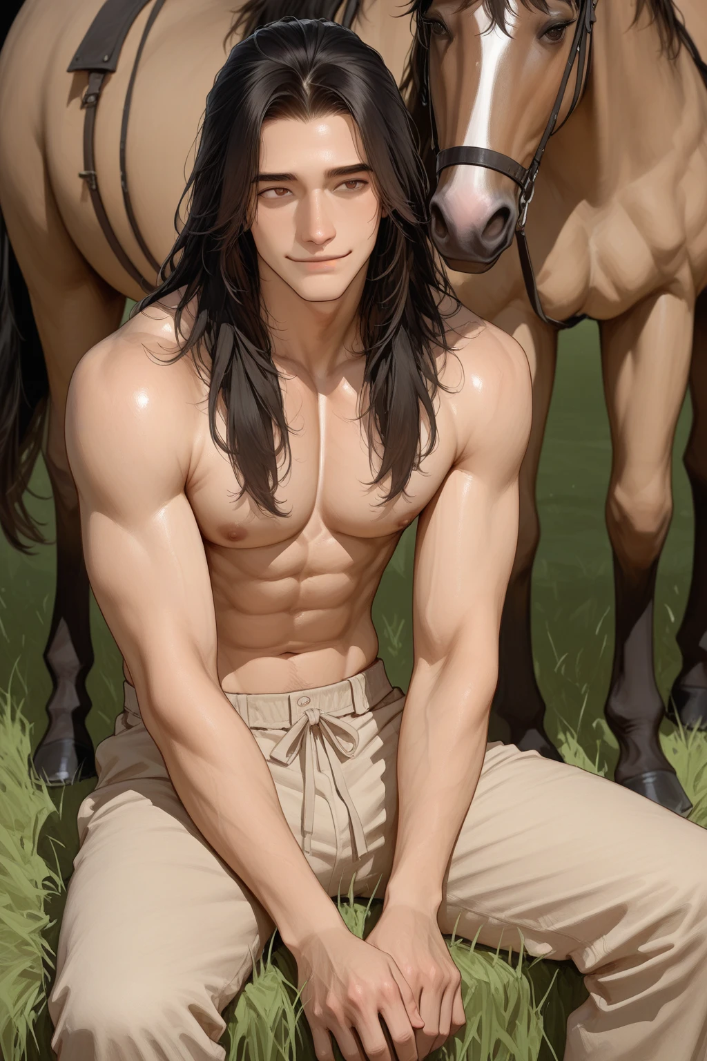 a furry male anthro Horse standing with his hands behind his back. He is wearing underwear and is depicted in a simple background. The artwork should be in a front view perspective. The image should be of the best quality, with ultra-detailed features and a realistic, photorealistic style. The colors should be vivid and the lighting should create a professional and visually appealing effect. The inspiration for this artwork comes from artists such as buta99, bebebebebe, inu-sama, and shmutzo.