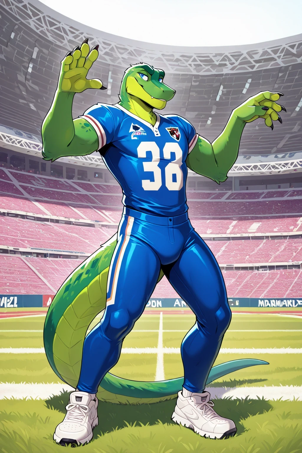 american football stadium background, Blue eyes , Reflections, full body, Anthropomorphic, Lizard green male Adult, without humans, swimsuit by ango76 , Masterpiece, better quality,very aesthetic, newest, anthropoid, reptile, a child, Clothes, Alone, green lizard Male , detailed eyes , lizard eyes, eyes , claws, animal ears, high resolution, pink american football jersey, Blue spandex tights, white sneakers, lizard glue, Front View of the Spectator , On two legs, bodybuilder pose , seductive expression , Male, male lizard, males