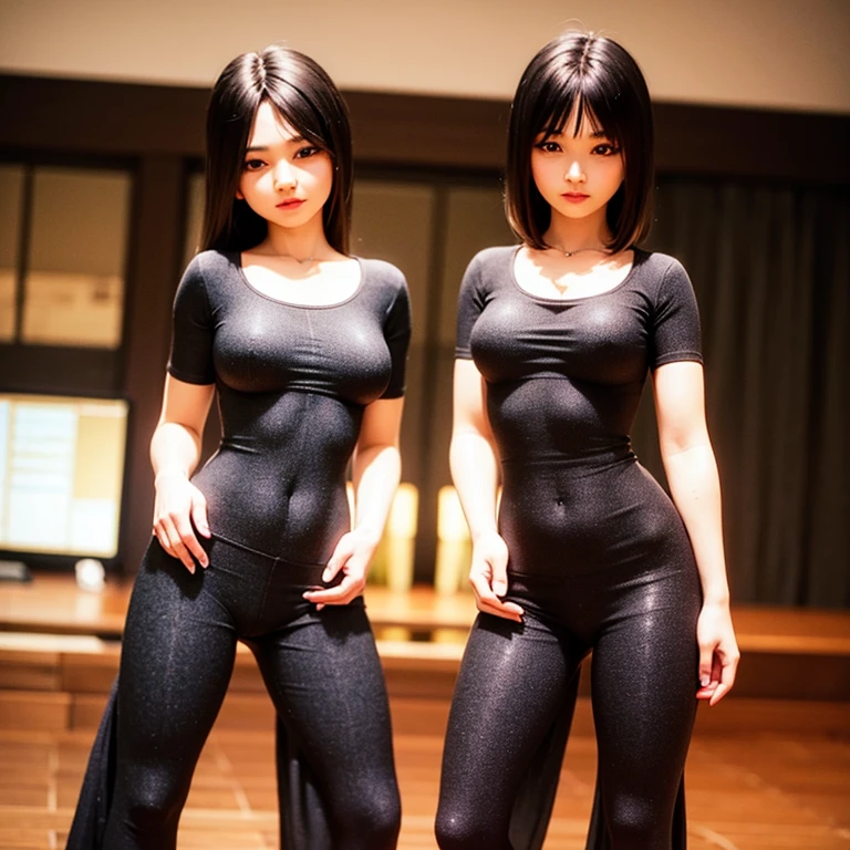 ((13 years old))、Flat Lighting、((2 people))、((Petite girls standing side by side:1.2))、((highest quality, High resolution))、((8K、High resolution、masterpiece:1.2))、High Detail、((Super detailed))、Realistic Background、(Baby Face:1.0)、Slim Waist、Small breasts、Japanese、nsfw、(naked:1.3) 、Bunny ears、playboy bunny 、black bunny girl headband 、Beautiful nipples、(Beautiful pussy)、Perfect nipples、Highly detailed nipples、Narrow waist、Very smooth skin、Fishnet tights、Knee-high boots、Knee Shot、hand up、Standing、Happy Smile、