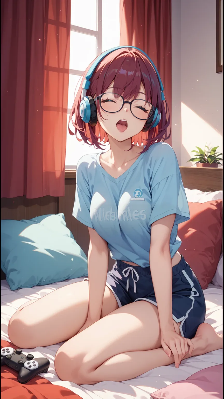 (extremely detailed fine touch:1.3), (((semi-rimless round eyewear:1.3))), (wear headphones around neck:1.0), short hair, blunt bangs, 1girl, 2.5d face, sit on a sofa with one's legs crossed, oversized shirt, collared shirt, sleeves that go past the wrist, bare legs, extremely detailed chic room, morning, sunshine,
