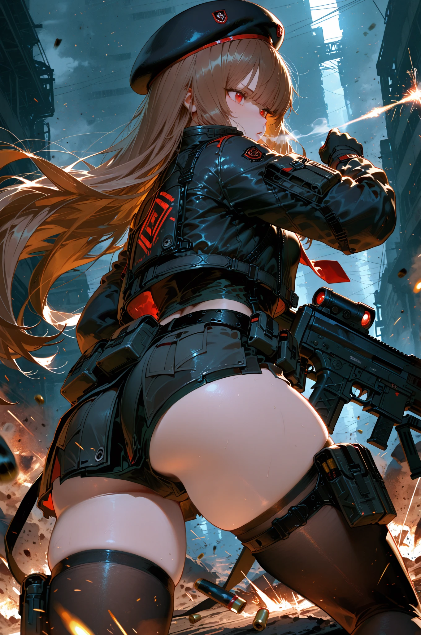 (tanned young woman), ((Short blonde hair, red lipgloss stick, blue colored eyes)), albino, pretty girl, A girl, photo by full body, skin detailed,
, (( black tank top. Black synthetic panties, Cramped, highlighting the ass and pussy military belt with grenades, coldre nna perna)), ((standing backwards, looking at the camera, showing the ass )) in an apocalyptic scenario
