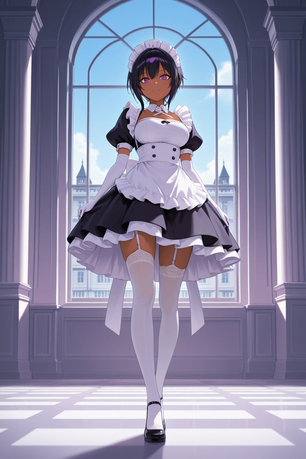 (isade),(Posing standing and with the body facing Fourth wall:1.5),+,(1 girl),(Mature body woman), (pretty: 1.5), (super hot: 1.5), (dark skin: 2.0), (long dark purple hair and dark purple eyes), (And super gigantic breasts: 1.5), (Height 1.20), (beautiful young woman), (super beautiful 18 year old ),(Slender body),(slim body),(slim body),(thin waist with hot hips),(large breasts and ass),(young mature and sexual woman's body),(Wearing),+,(Imagine a classic black and white maid dress, but with a very naughty twist – an incredibly short skirt that reveals almost everything. Imagine a black knee-length or longer bodice with puffed sleeves, a Peter Pan collar, and a small apron attached. This would be worn over a crisp white petticoat or slip that extends below the bodice. Now for the real showstopper: the skirt. Imagine a wide, gathered skirt that clings to the bodice at the waist. But here's the shocking part - the skirt must be incredibly short, barely covering the maid's private areas. We're talking about a micro-miniskirt effect, with the hem potentially even above the pubic bone. This would leave the maid's lower half surprisingly exposed, with just a hint of the white petticoat showing beneath her skirt. For a finishing touch, add a pair of white tights or sheer tights, along with black patent leather shoes or Mary Janes. This would accentuate the maid's legs and create a cute, feminine contrast to the outrageously short skirt.),