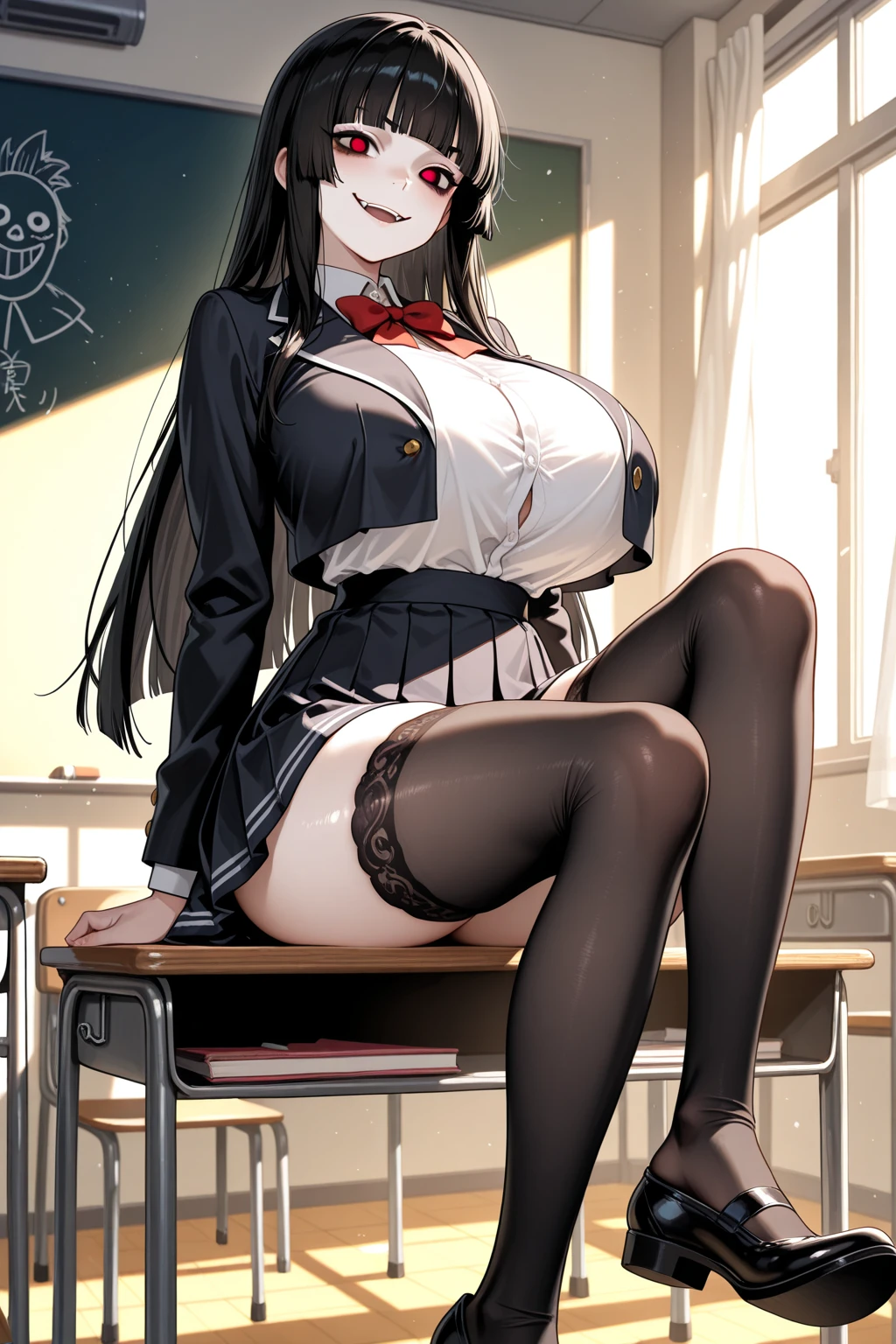 absurd, 8k, high resolution, ultra detailed, wallpaper, perfect lighting, beautiful skin, perfect shadows, beautiful eyes, detailed eyes, detailed face, masterpiece, best quality, detailed clothing, full body, young girl, voluptuous body , embarrassed and shy face, huge breasts, huge thighs, wears a school uniform, white thigh-high stockings, is in a park embarrassed, black hair with two pigtails and bangs that cover one eye, purple eyes with heart-shaped pupils, wear glasses