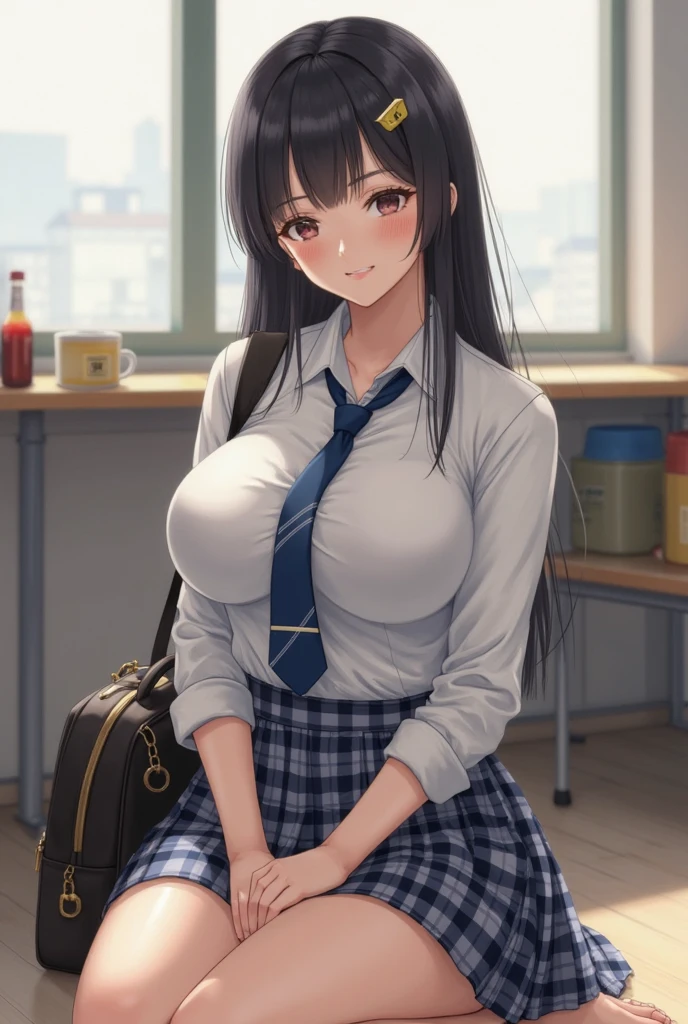 Anime girl in blue dress standing in room with desk, Realistic Schoolgirl, visual novel cg, a hyperrealistic schoolgirl, a hyperrealistic schoolgirl, Big breasts!, (SFW) safe for work, ; visual novel, Seductive Anime Girl, Smooth Anime CG Art, Big breasts!!, with a big chest, Kantai Collection Style