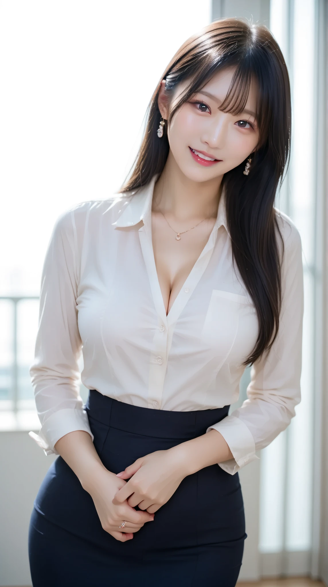 (1young girl), kawaii face, (round eyes:1.2), (highly detailed face), smile, Amazing face and eyes, (flat chest), (Best Quality:1.4), (Ultra-detailed), (extremely detailed CG unified 8k wallpaper), Highly detailed, High-definition raw color photos, Professional Photography, Realistic portrait, Amazing face and eyes, Pink eyes, indoors, office, (office lady, Tight Skirt:1.3), (A moment of relaxation), model, depth of fields, (fine face:1.2),