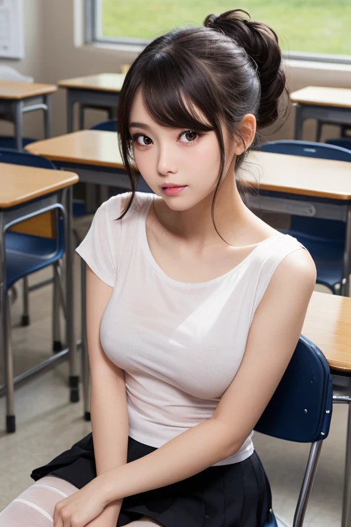 (Masterpiece, Top Quality, NSFW 1 Girl, (BSB, Betsusuke: 1.3), Upper Body, Bra Visible Through Clothes, Big, Cleavage, Underwear, Uniform, White Shirt, Red Bra, Short Sleeves, See-through, Classroom, Sitting, School Chair, Blackboard, __hair color2__, __hair length__, __hair style__,