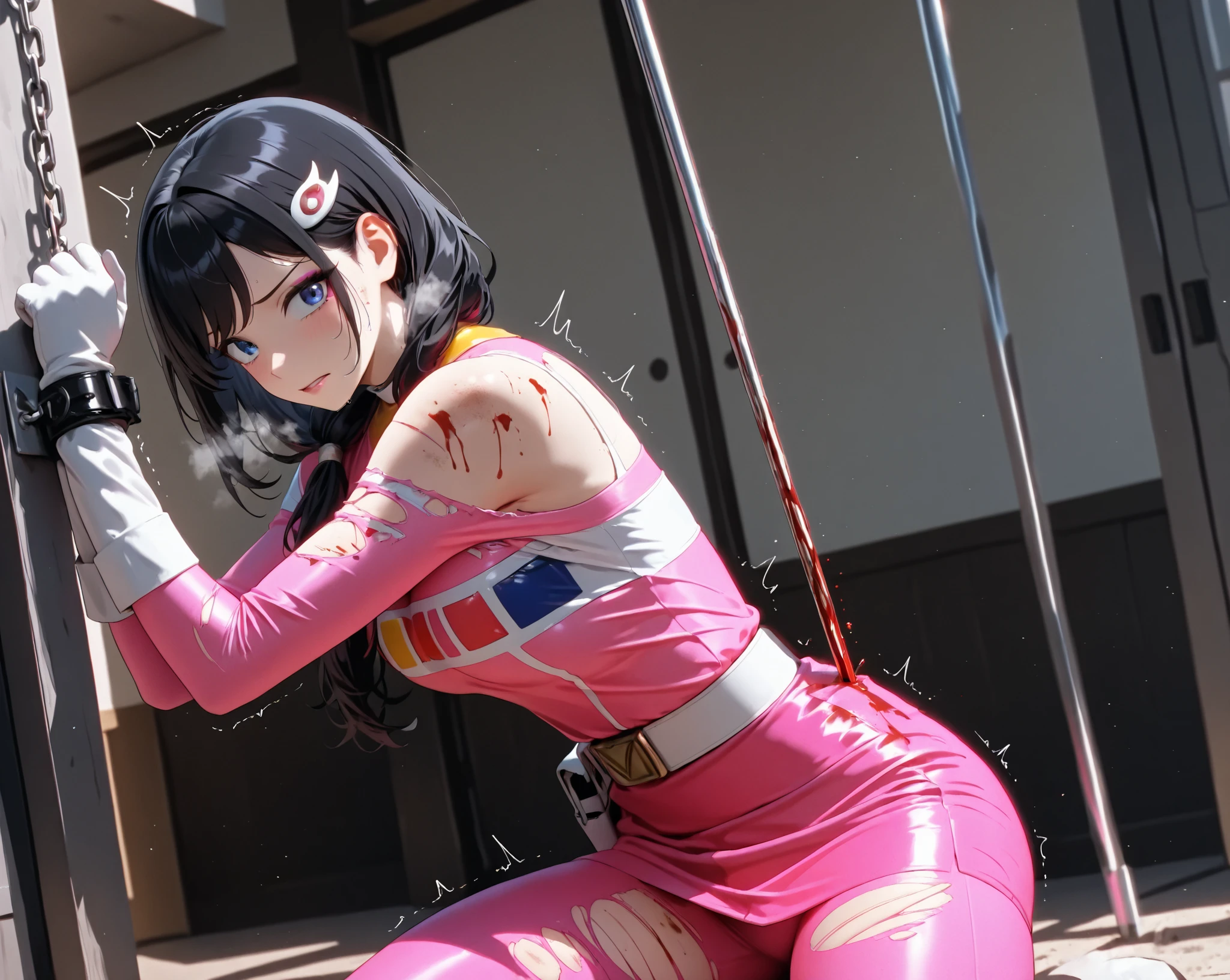 Sweating, D.va, blood everywhere, D.va covered in blood, looking at viewer pissed,
Looking down at Viewer, view from below, Focus,
Town,
masterpiece, top-quality, Anatomically correct, D.va,