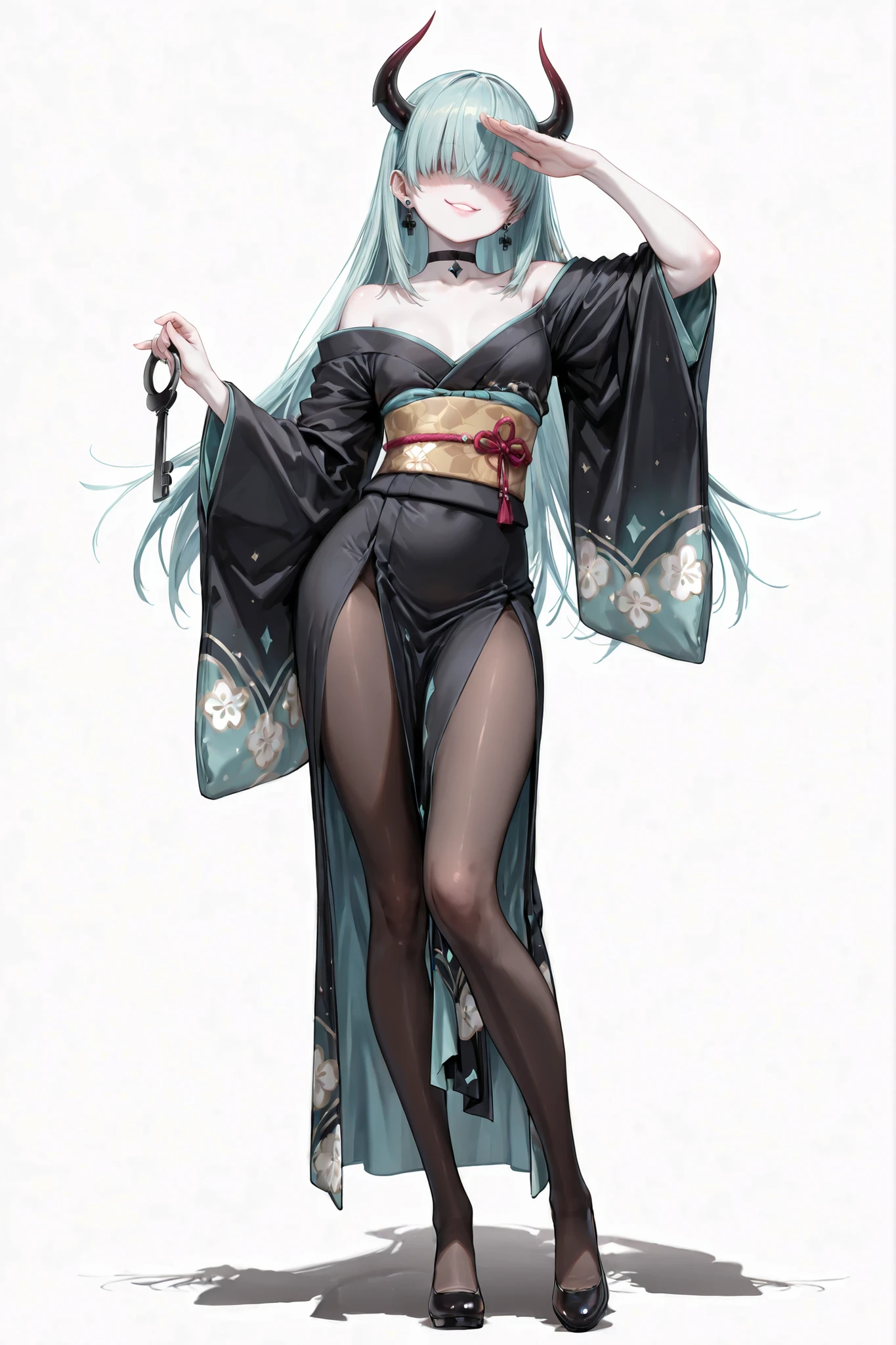 Un Skin de jeu vidéo personnalisé avec de longs cheveux noirs, attachés en queue de cheval, des vêtements détaillés oversize et larges en Denim avec un style chic noir inspirés des kimonos des geisha. Elle porte un pantalon en jean avec des découpes inspirées de l’éventail, Bottes de plate-forme, a very long kimono with slits on the sides, des manches tres larges dévoilant le décolleté , une ceinture corset en jean. Apparence d'arme d'powerful war fan fused with white lotus flower. futuristic and cyber-realistic style