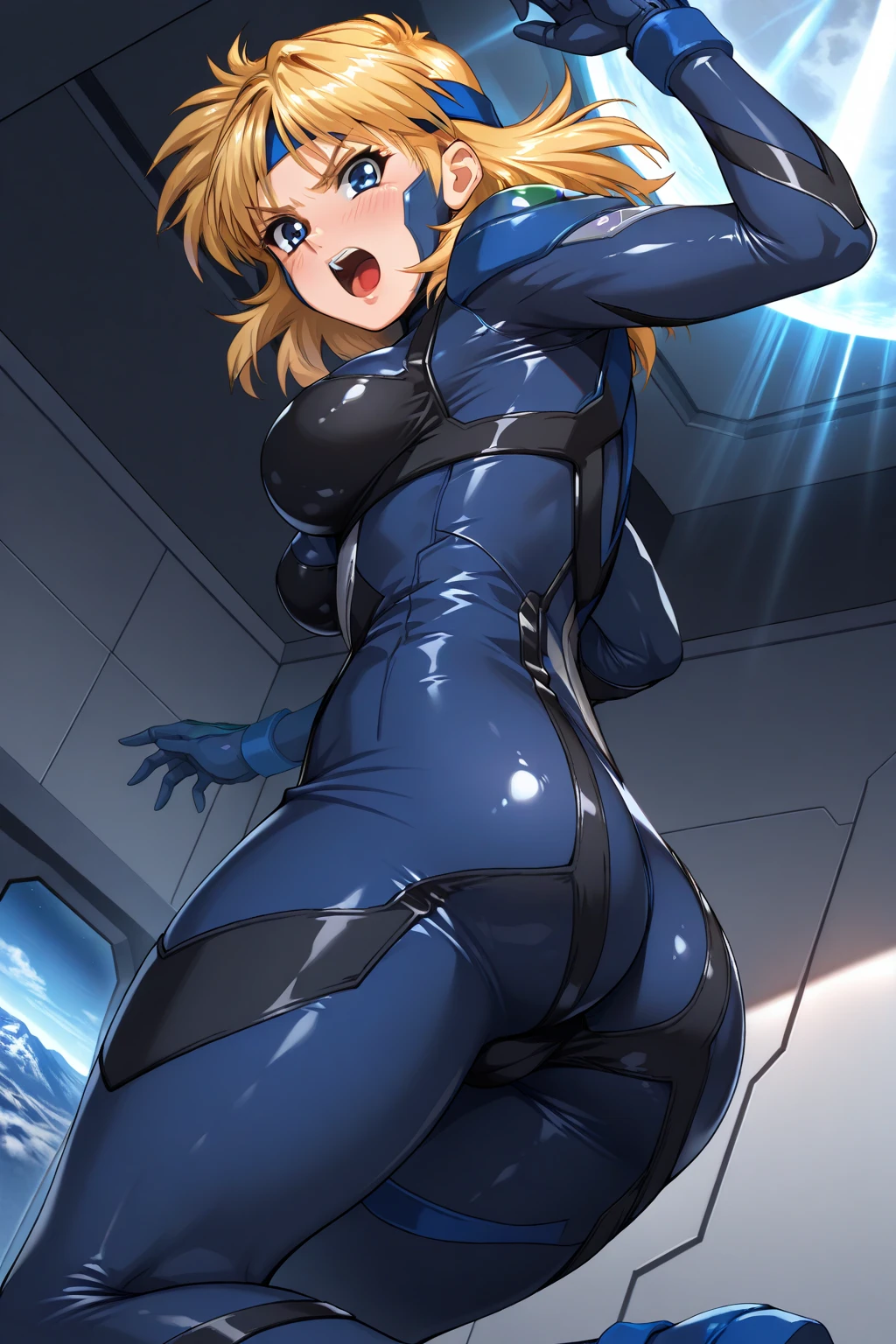 (high quality,Very detailed:1.37, High resolution), Woman, (mature:2.0), Samus Aran, Zero Suit, large breasts, (wetting herself:1.5), standing, (arms crossed:1.5), (embarrassed:1.5), (humiliation:1.5), (constricted pupils:1.5), (sweating:1.5), shaking, (trembling:1.5), (blushing:1.5), Meticulous details, (extremely detailed eys:1.37), space station, interior, science fiction, futuristic