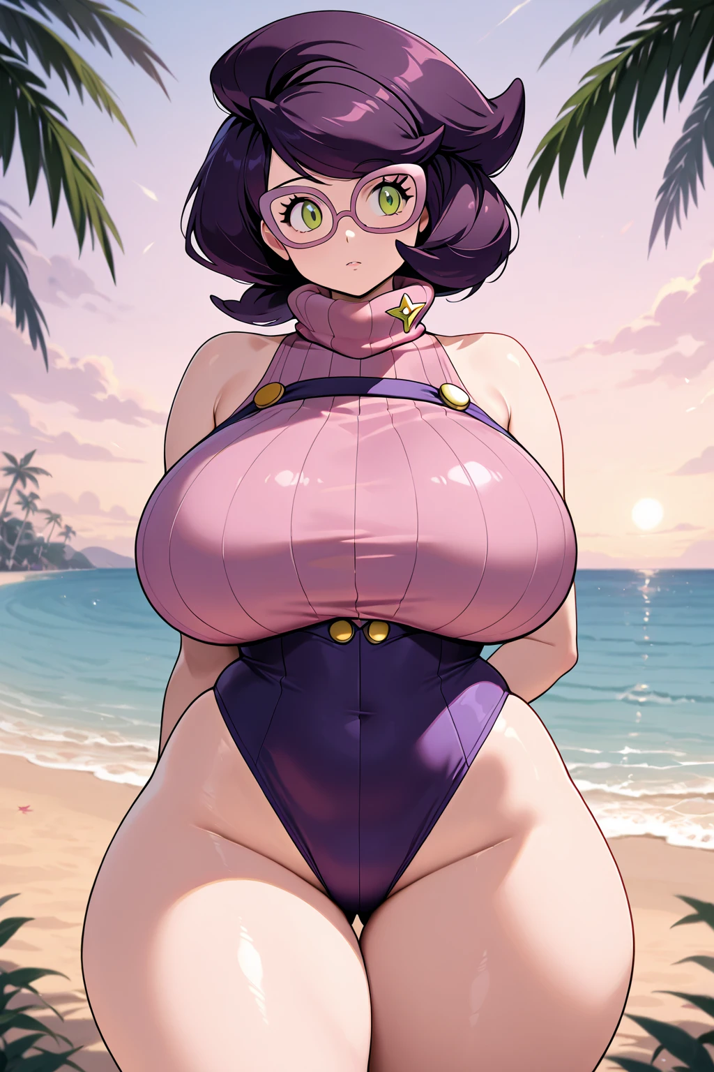Girl. Solo, Tall, chubby, massive breasts, massive ass, glasses, exposed left nipple, super sweaty, , fat belly, tight purple isekai assassin micro bikini armor, messy look, Bob hair , (pose: sit under a the tree and leaning against its trunk as if she just win a hard battle with her messy look), (background:isekai like grass field with a big glowing otherworldly tree with pink and purple leaves), (face: no emotion)