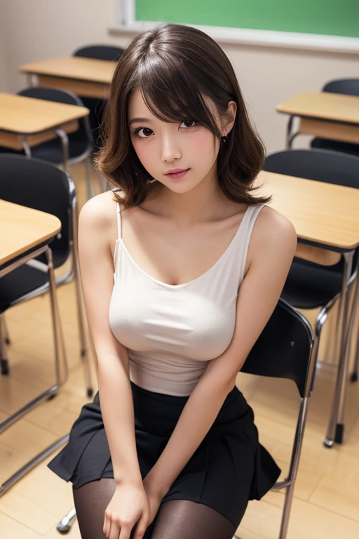 ((8k:1.27、highest quality、masterpiece、超A high resolution:1.2))、 Cute Japanese Woman, 20th Generation、(Beautiful poop:1.1)、One girl、High School Teacher、topless、(Large bust:1.5)、Cleavage、Captivating Hips,Black Hair、Clear black eyes、short hair、Beautiful woman、High school classroom、evening、Captivating smile、Beautiful Skin、Wonderfully beautiful limbs、Hand 5 fingers、Professional Lighting、Professional Photography、