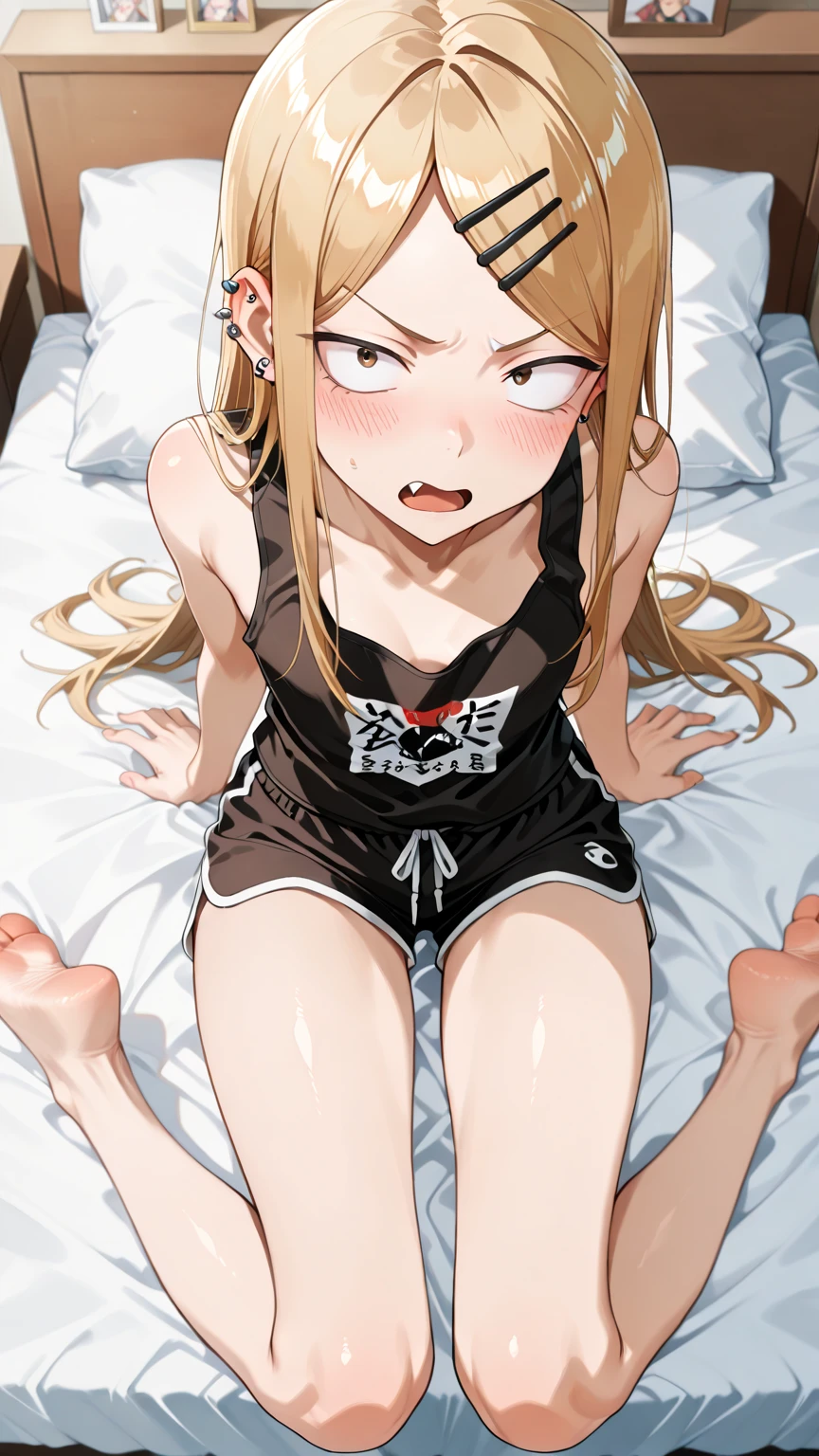 Hiro Default,shinosawa hiro,thin,Orange eyes,White eyelashes,blonde,Long Hair,Hair Clip、blush:1.5、slimな、Flat Chest、The whole body is visible、Pregnant women:2.5、、White Micro Bikini、slim:1.5、Pregnant abdomen:1.5、Black cat ears、Ohogao, Watery eye, Drooling, Half-closed eyes, trembling, Rolling your eyes or grimacing, anger、
Open your mouth、
Sticking out tongue、Black Cat Lingerie, choker, Neck bell、黒いcat paw gloves、(((sex)))