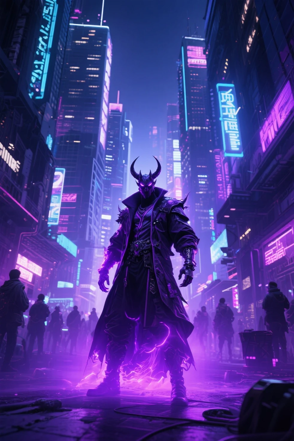 An ultra-high definition 8K wallpaper featuring a close-up of Grim, depicted as a sinister cyberpunk sorcerer. Grim wears a sleek, futuristic suit adorned with glowing neon circuits and holographic projections. The scene is set in a dystopian cityscape with towering skyscrapers and neon signs, casting colorful reflections across the scene. In the background, a massive mechanical dragon looms over the city, with sparks and smoke adding to the chaotic ambiance. The artwork showcases intricate details, a vibrant cyberpunk theme, and a sense of impending technological doom.