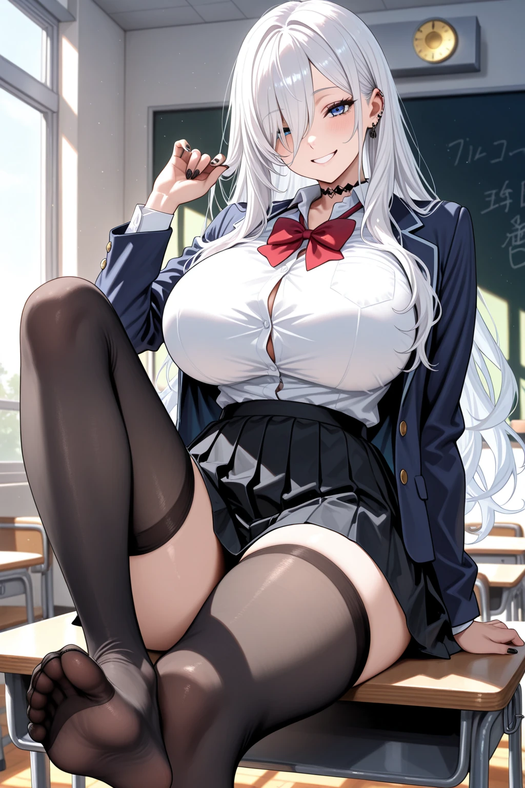 (((Spread your legs、Lace panties))、(((Accentuate the crotch)))、Highest quality, 8k, masterpiece :1.3)), whole body, Sharp focus :One Girl,Glowing Skin,SSexy pose,Highest quality,Tabletop,shape,Very delicate and beautiful,Hmph,8k壁紙,wonderful,In detail,Official Art,Very detailedなティッカーUnity 8k壁紙,Incredibly ridiculous,Large file size,Very detailedな,High resolution,Very detailed,Beautiful detailed,Realistic,X-ray,The queue is full,(((Uniform Blazer、mini skirt)))、(((Big Breasts、Silver Hair)、(((School、classroom)))、Stand upright、Cleavage , ((Long silver hair))、Uniform Blazer、Sexy pose、Hairstyle: Long Hair、both hands、