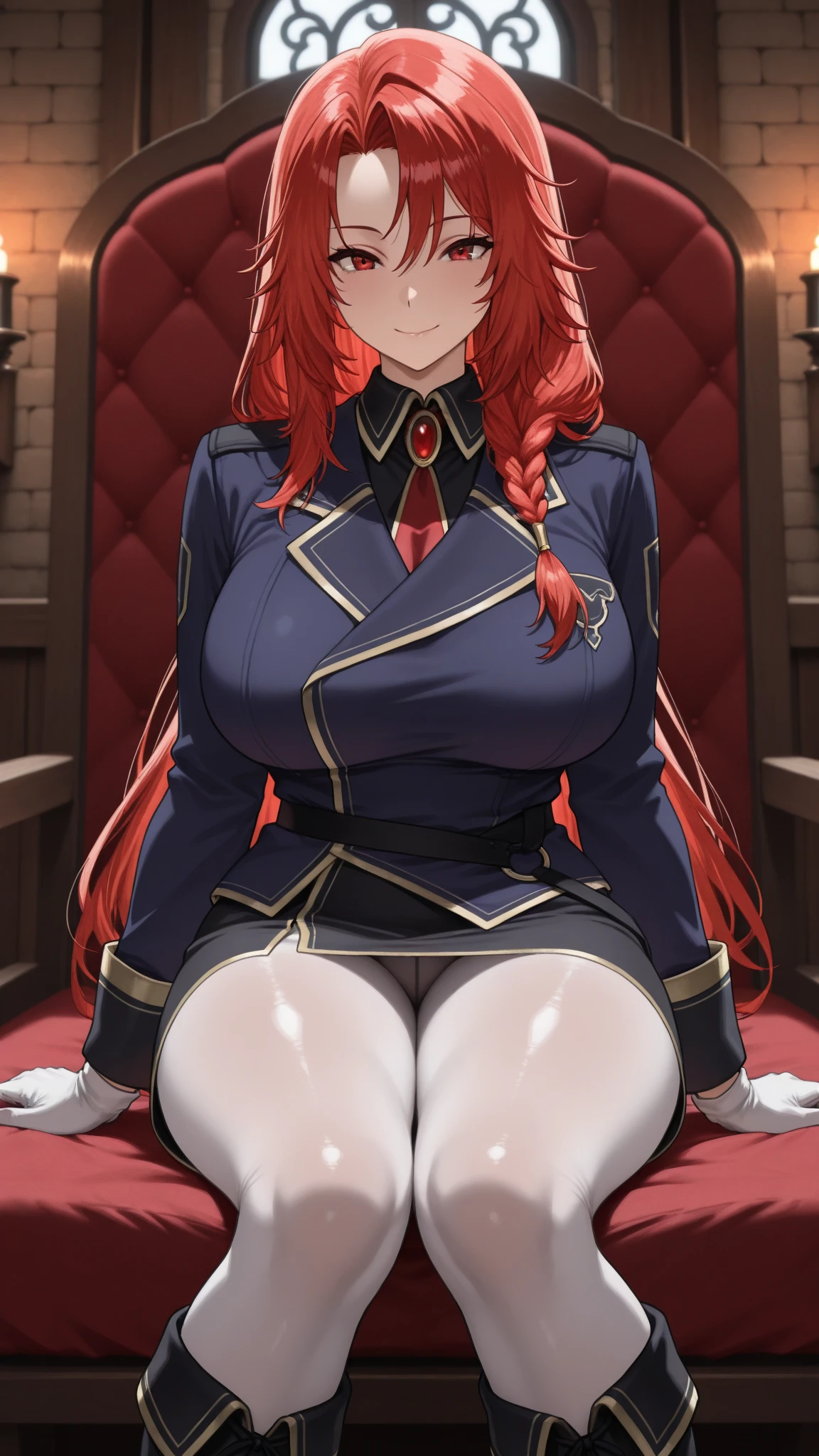 score_9, score_8_up, score_7_up, score_6_up, uncensored, Iris Midgar, red hair, long hair, braid, red eyes, BREAK (masterpiece:1.2), best quality, high resolution, (detailed eyes:1.3), perfect lighting, (perfect hands, perfect anatomy), large breast, sitting, sitting on throne, throne, from bellow, boots, white legwear, penis awe, seductive smile, looking penis, horse cock, huge horse cock, handjob, trembling, precum, projectile cum,