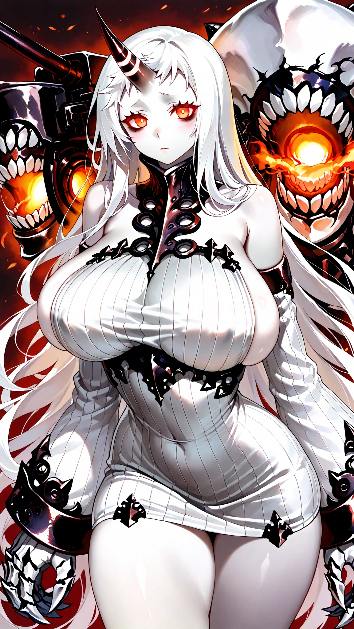 ((Highest quality)), ((masterpiece)), (detailed), (Perfect Face)、The woman in the Hannya costume is Yuuki Asuna, with light brown, semi-long hair and a Hannya mask covering her entire face, and her whole body is pure white skin.、The woman is in the state of Hannya in both body and mind, and her face is completely Hannya.、The woman is wearing a sexy, alluring, and provocative outfit, adorned with accessories.