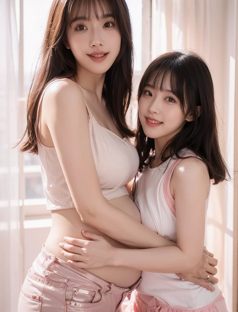 top-quality、masterpiece、a beautiful Japanese 、thirteen years old、(nudity:1.3)、Happy smiling face、((looking at the viewers))、Blushing、cowboy shot, hugging sister