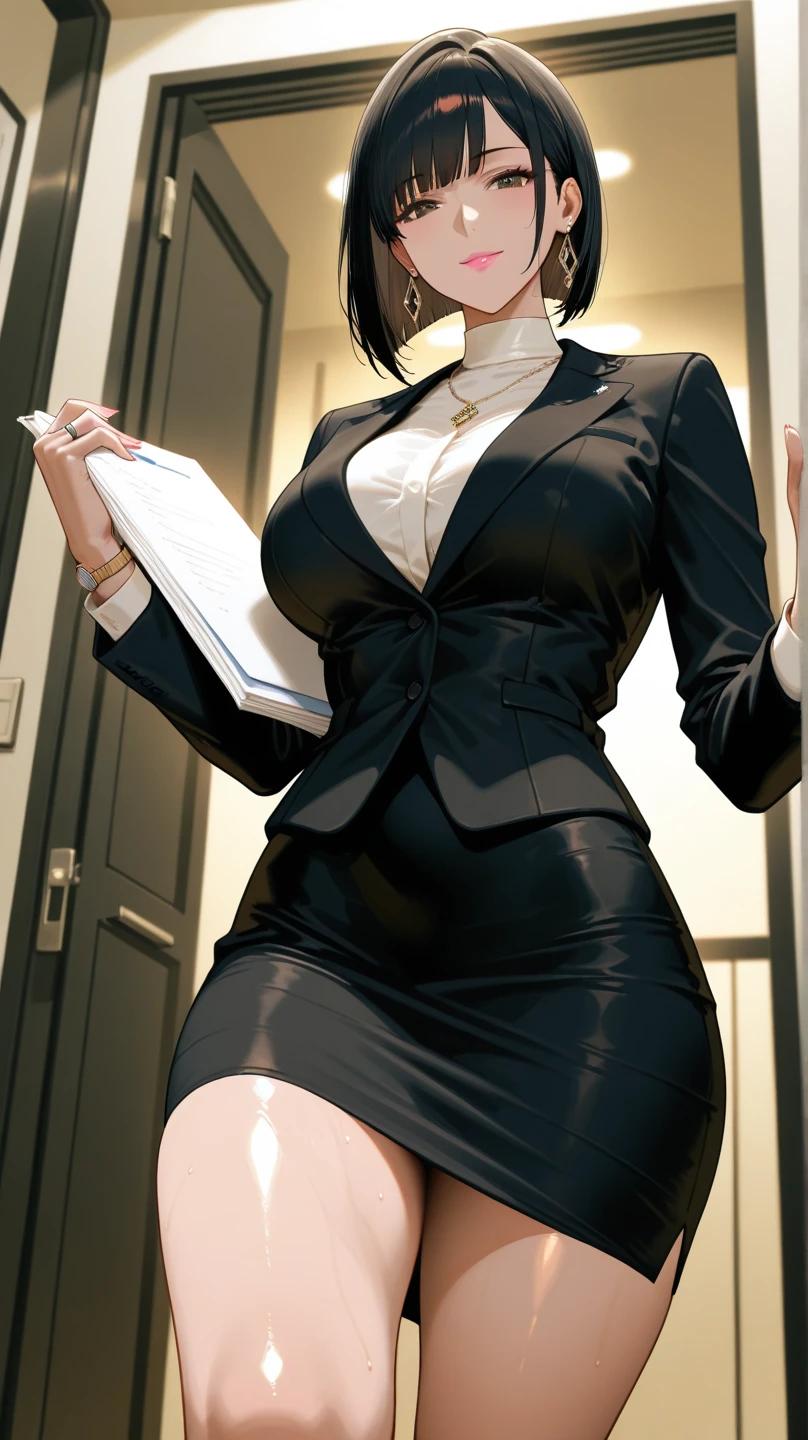 (highres, high quality:1.3), intricate details, cinematic lighting, sharp focus, depth of field,
KuroseKatsuko, 1girl, solo, full body, complate body mature female, looking at viewer, standing, white background, siple background,
serious, embarrassed, blush, holding book, open mouth,
[brown|black] hair, short hair, blunt bang, hair bun, ribbon, makeup, lipstick, eyelashes, brown eyes, detailed eyes, glasses, perfect face, cute nose, beautiful face, perfect face, illuminated face, thick lips, blushes, symmetrical face, beautiful detailed face, human ears, seductive, pleasure expression, orgasm expression,
suit, jacket, skirt, black pantyhose, tight clothes,
huge breasts, curvy, thighs, wide hips, large hips, thick thights, huge thights, hourglass figure, big breasts, huge breasts, large breasts, big butt, huge butt, very slim stomach, thin belly,
