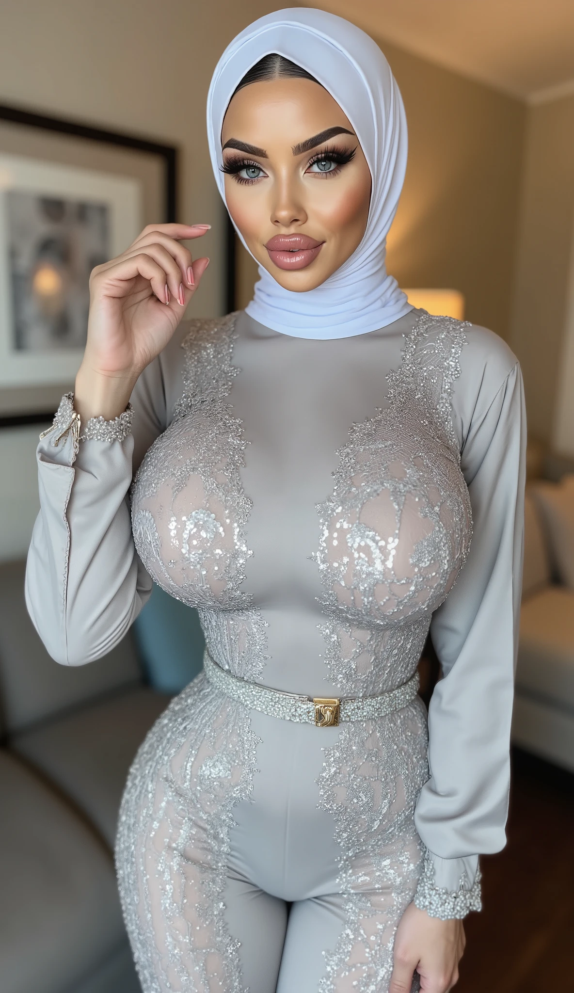 (double exposure), (full body photo), A gorgeous matured teacher stand behind white board,((50 year old)), ((malay women)), slightly curvy fit body shape, bigger ass, giga_busty, huge thighs, wearing ((fitted sheer long dress)), ((hijab)), smirk on camera, indoor,door,islamic style,arabic calyraphy,wall,, pov, solo, single, (SFW), texture, ultra high res, RAW, instagram LUT, masterpiece, best quality, ultra-detailed, ultra high resolution, RAW, 4k, (looking at viewer), extremely detailed eyes and face, (beautiful detailed nose), (beautiful detailed thigh), (beautiful detailed eyes), perfect body proportion, (looking at the camera),smirk,