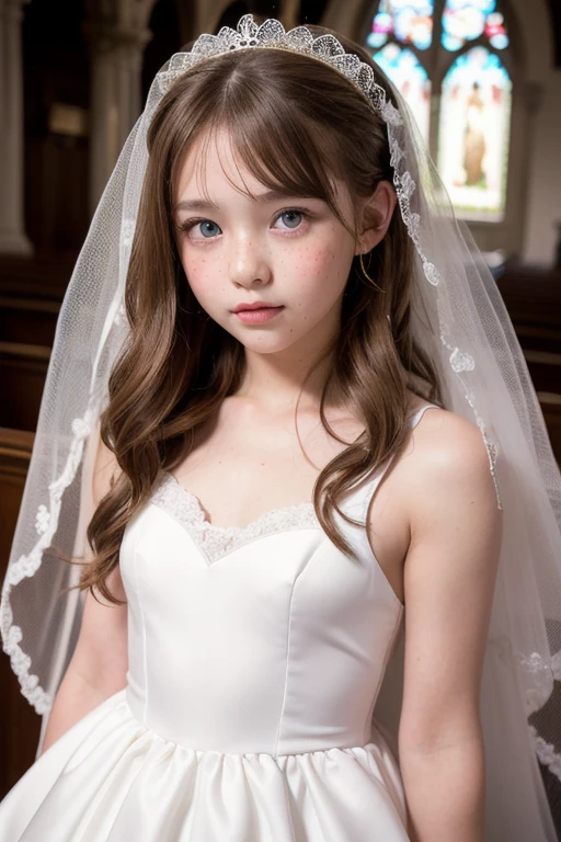 8k,masterpiece,Portrait Photography,Japanese,8-year-old girl,round face,Well-proportioned face,Innocent face,Calm Eyes,Big eyes,Fine grain,delicate,Slim body,Narrow shoulders,Small waist,Thin legs,Short stature,Extremely small breasts,Neat,Chapel,Cute outfit,The lighting makes the clothes transparent,Cute underwear,White clothes,Girly Fashion,one piece,Summer Dresses,Quite short length,ribbon,choker,Lace choker,Earrings,Lace gloves,A fairly long veil,barefoot,Cute sandals,See-through,Medium-long hair,Cinematic lighting,Natural smile,Natural pose,Reader model for children's fashion magazine,