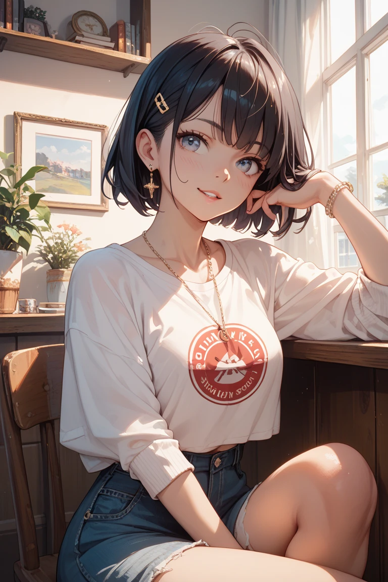 (8K,RAW photos,highest quality, masterpiece:1.2),1girl,short pants,black shirt,Long-sleeved clothes,cafe,indoor,looking at viewer,korean girl,[smile:0.5],soft lighting,Sit on the chair,short hair,