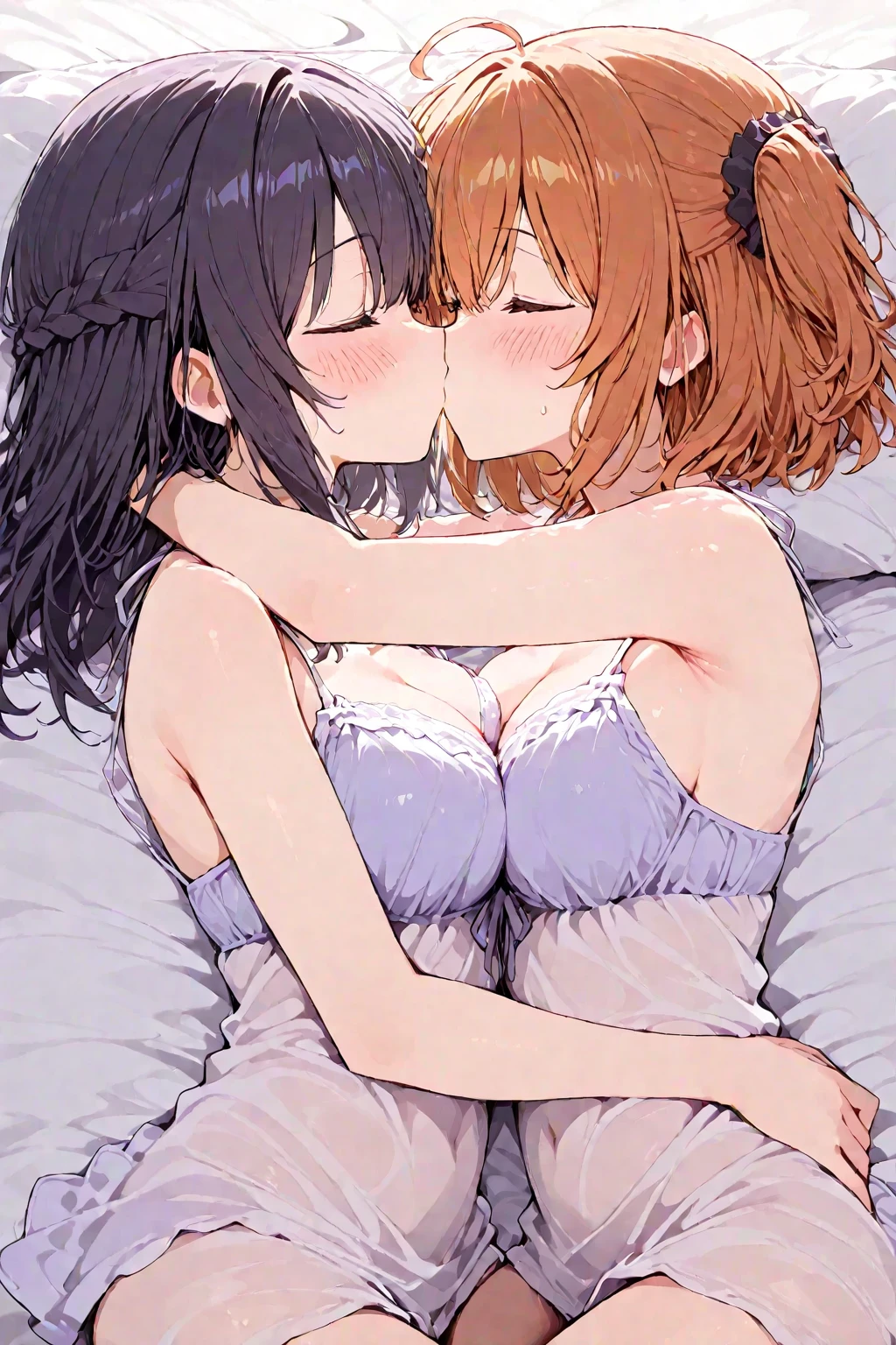 (Highest quality), (masterpiece), highly detailed, Ultra-high resolution, 2 ladies, Mature Woman, Mikasa sisters sleeping side by side, close together, On the left side of the bed, MikotoMikasa is asleep in her tight camisole with her legs spread and I insert my penis into her and impregnate her while having sex with her. While I insert my penis into her, I rub the breasts of Mikasa who is asleep in her tiny camisole on her right., whole body, Eyes that are uniform in shape, Sleeping with both eyes closed, Brown Hair, Short hair with the right side parted and the hair swept back, Short hair with the nape of the neck flipped outwards, Short side hair, She has a full head of pubic hair, Beautiful Vagina, White semen is spilling out from the gap between her vagina and my penis inserted in her vagina., A small cross-section of a uterus with a penis expelling semen in the background,