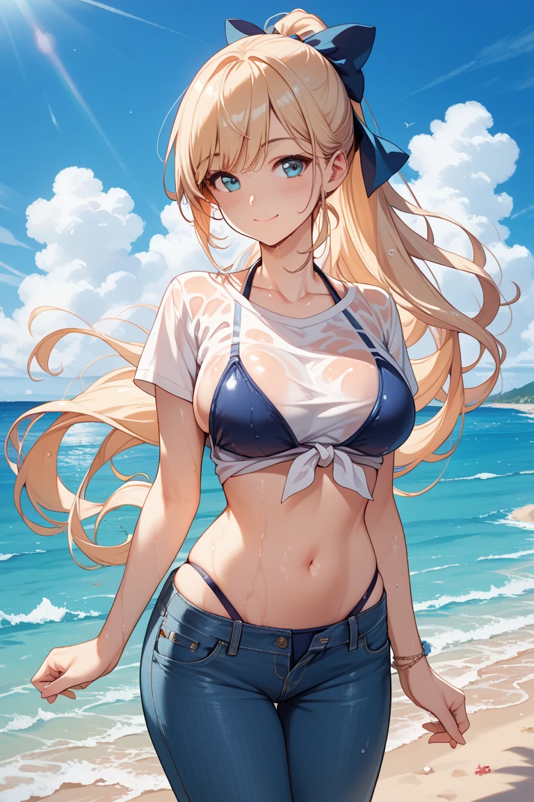 (8K、Highest quality、Highest quality、masterpiece)、Detailed face、One Girl、Spread legs、Spread Legs、(Brown Skin:1.2)、Long Hair、Blue Eyes、Sweat、Grin、(White tank top、Denim hot shorts、Mini Shorts、Cameltoe)、Cameltoe、Beach、cloud、pussy、fingering pussy、spread pussy、between labia, partially visible vulva、belly button、Big Breasts、