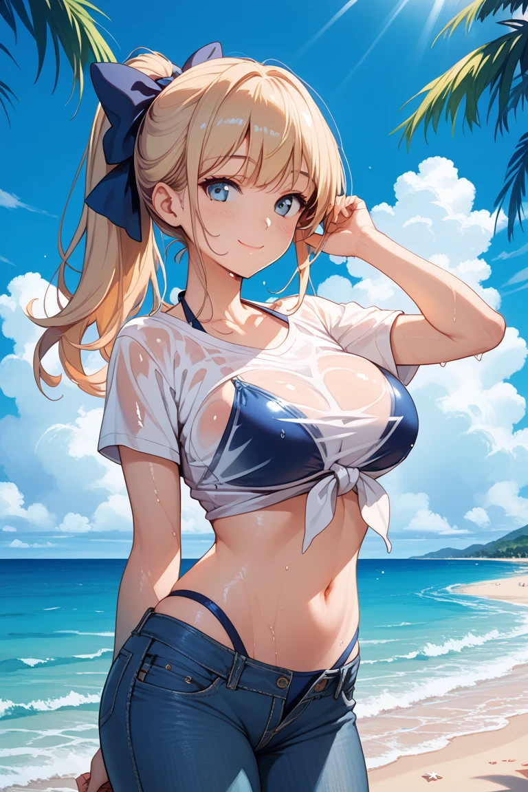 (highest quality, High resolution, perfect pixel, Depth of bounds written, 4K), (from front), beach, detailed eyes, (1 lady), tall, (skinny body:1.2) , (thin thighs:1.2), (Narrow hips), large breasts, blond hair, (ponytail:1.2), yellow, (denim short pants bikini:1.2), unbutton, (cross halter bikini), (rio cut pants), (panty strap:1.2), (standing), left Hand on Hip, (light smile), blush, sweat,