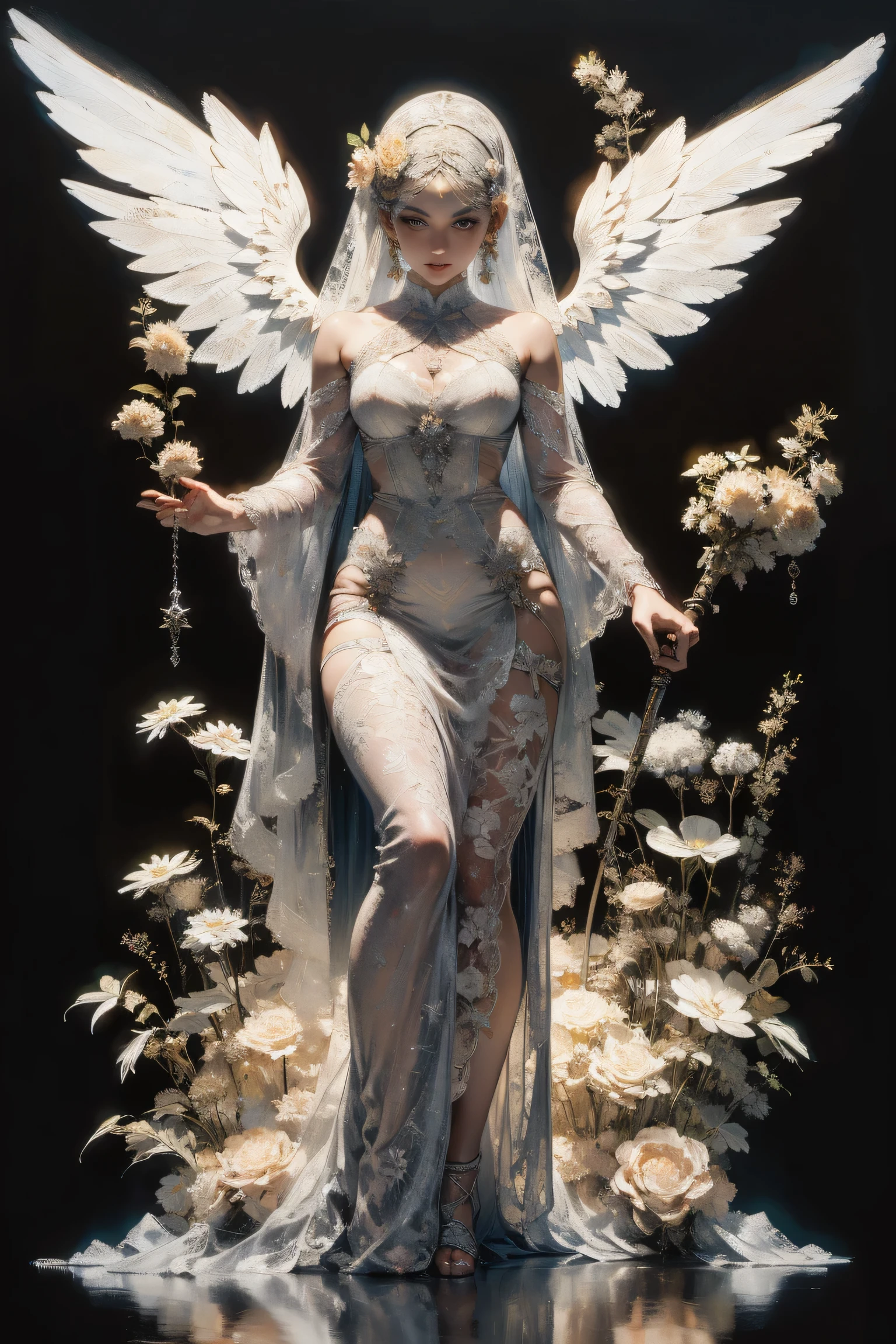 OverallDetail, Mucha art style , masterpiece, (front focus),    Surrealist Female Portrait,    Fantasy Art ,   realism, dynamic lighting,   Art Station  , posters,    Volumetric Optics and Tonfer ,  Very Elegant Face ,  Dark Eyes,  Eyeliner ,4K,    award  ,   1 girl,   Alone,  discreet   ,   full body shot  , (formal wear: 1.4, White Lace Dress ),  blonde hair  ,lac34rmor ,  White Lace Veil Cap , Angel Wings, Aim with the balance facing up , blindfold, (Goddess of justice ;1.2), heibaidiao  , silhouette, Light and Dark,Sword stuck in the ground