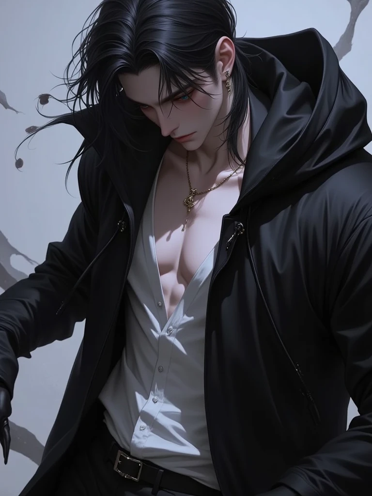 "(La mejor calidad,4k,8k,Altas Resoluciones,obra maestra:1.2),ultra detallado,(realista,fotorrealista,fotorrealista:1.37), Manhwa Art European 25 years old man, piel de marfil, Cabello desordenado cabello negro azabache, personaje de lovecraft, penetrantes ojos, Iris gris, Llevar abrigo negro, Torzo desnudo, cuerpo musculoso, cuerpo Atletico, razor-sharp jawline, mirada penetrante, Cold and mysterious character, cuerpo completo, cuerpo Atletico, tentaculos negros saliendo de su cuerpo, dios de lovecraft, 8k, Detailed features, muy guapo, Dreamy look on his face, bright illumination, fondo borroso, tatuajes sexys por el cuerpo