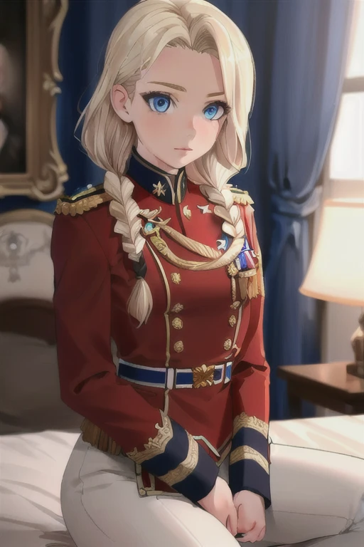 highres, sharp focus, pixiv masterpiece, ((intricate details)), highly detailed, olivier_mira_armstrong, 1girl, full body, (hair over one eye:1.2), blonde hair, long hair, lips, blue coat, jacket, military uniform, white gloves, <lora:Olivier Mira Armstrong v1_1:0.7>