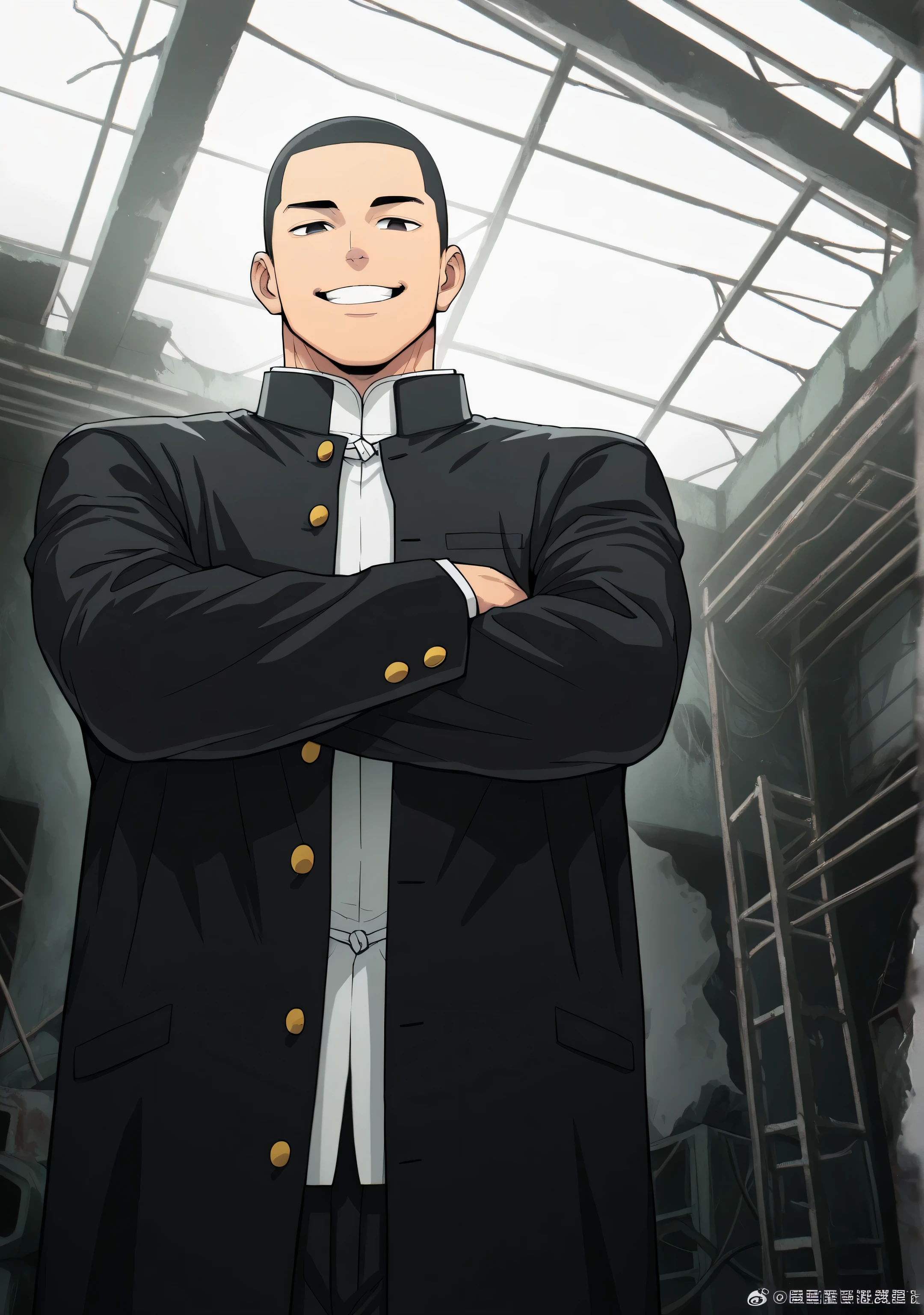 1male,solo,short hair,buzz cut,black eyes,smile,gakuran coat,black baggy pants,tall,big guy,muscle,japanese,Abandoned warehouse,WIND BREAKER,