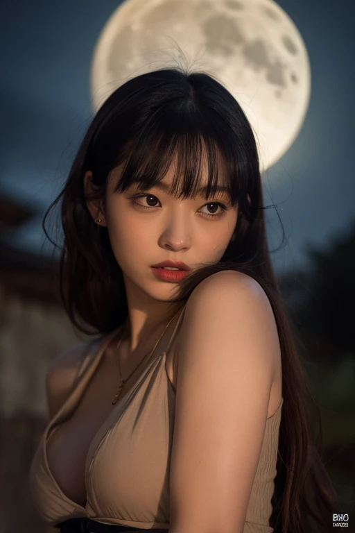 masterpiece、8k、Highest quality、21 years old、Beautiful Eyes、Close-up of a face、from the front、Riverbank、night、Sky、(((Many Stars)))、Looking up at the sky、Looking into the distance、((White camisole))、((Navy blue mini skirt))、Rural landscape、Medium-long hair、Straight black hair、bangs