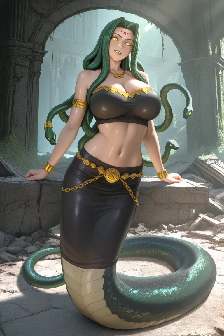 
A young 15- yr Medusa's girl with European face features, cahrming face, perfect fullbody details, having large snake pet, with a snake body and hairs, (wavy hairstyles green citrine colors), ( having a dark skin tone texture masterpiece ), ( with many different poses, illuminating background crystalized radiance all overLarge breasts, Covering Ears, Blush, Smile, Expressions, Nervous Smile, Crazy, Amber Eyes, Oral Invitation, Very Long Hair, viper Green Hair, Floating Hair, Wavy Hair, Tentacle Hair, Multiple Views, Tachi-e, Isometric View, Rotational Symmetry, Reference Sheet, Perspective, Collage, Fujifilm, Mole Under Mouth, Snake Hair Ornament, Bandage On, Hyperrealism, Cinematography, 
