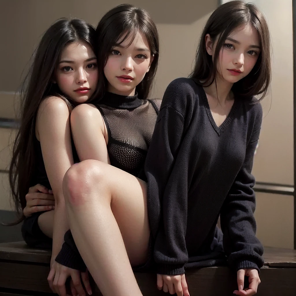 (msterpiece:1.3), (8k, RAW photo, best quality: 1.4), beautiful face, beautiful hairstyle, beautiful detailed eyes, beautiful skin, absurdres, attractive, ultra high res, highly detailed,NSFW, 3 girls in abandoned underground basement,vagina close up,necklace,arms behind back,evil smile,light long hair, ultra detailed skin,Heavy makeup, flower hairpin, naked,colorful patterned lace dress, dirty ground,sitting on bed,bondage, exposed pussy,long straight hair,blood, vagina spurting blood,slim legs,spread vagina lips, spread legs,