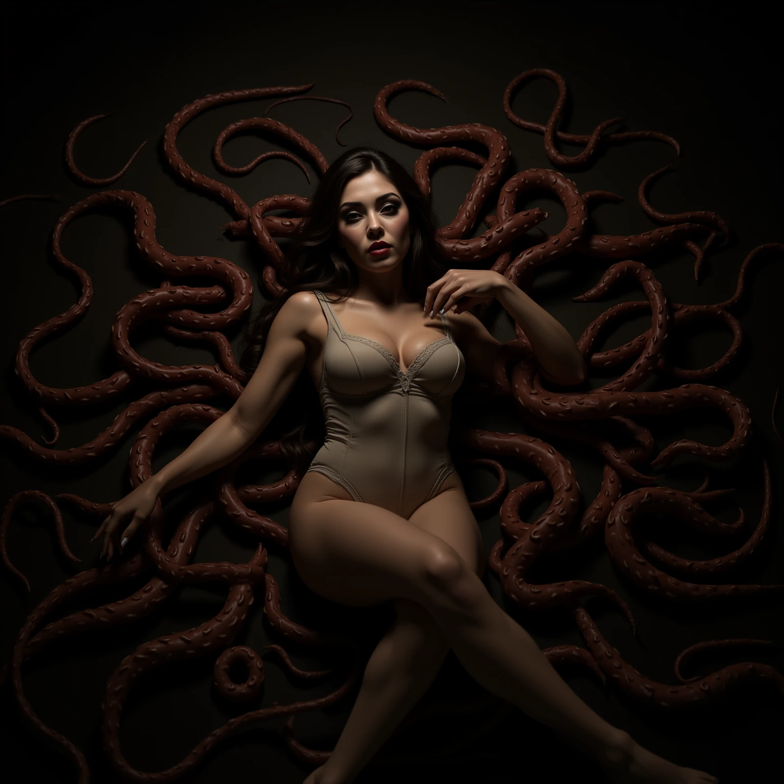 a woman surrounded by tentacles where sperm flows inside. The woman is dressed in a tight pink dress.