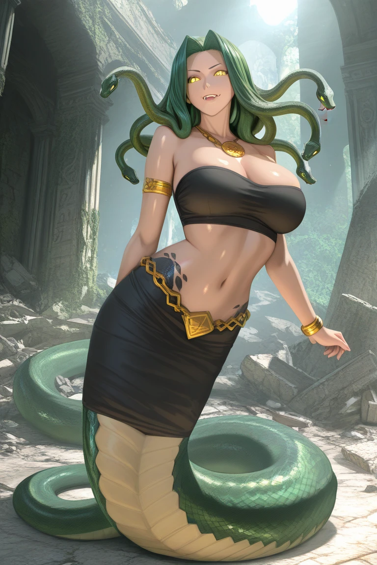 Medusa from Greek mythology based on her classical description. Portray a woman of unearthly beauty with a pale face, chiseled features and piercing eyes. Seu cabelo deve ser composto por serpentes vivas e venenosas, variando em tamanho e cor, com escamas reluzentes e olhos sinistros. Vista-a com uma veste que lembra uma armadura feita de escamas de serpentes. It has sharp claws on its hands and membranous wings on its back.... Make sure to capture the mischievous expression in her smile, while maintaining a threatening appearance, olhar petrificante em seus olhos. Convey your fearsome and terrifying nature in every detail.